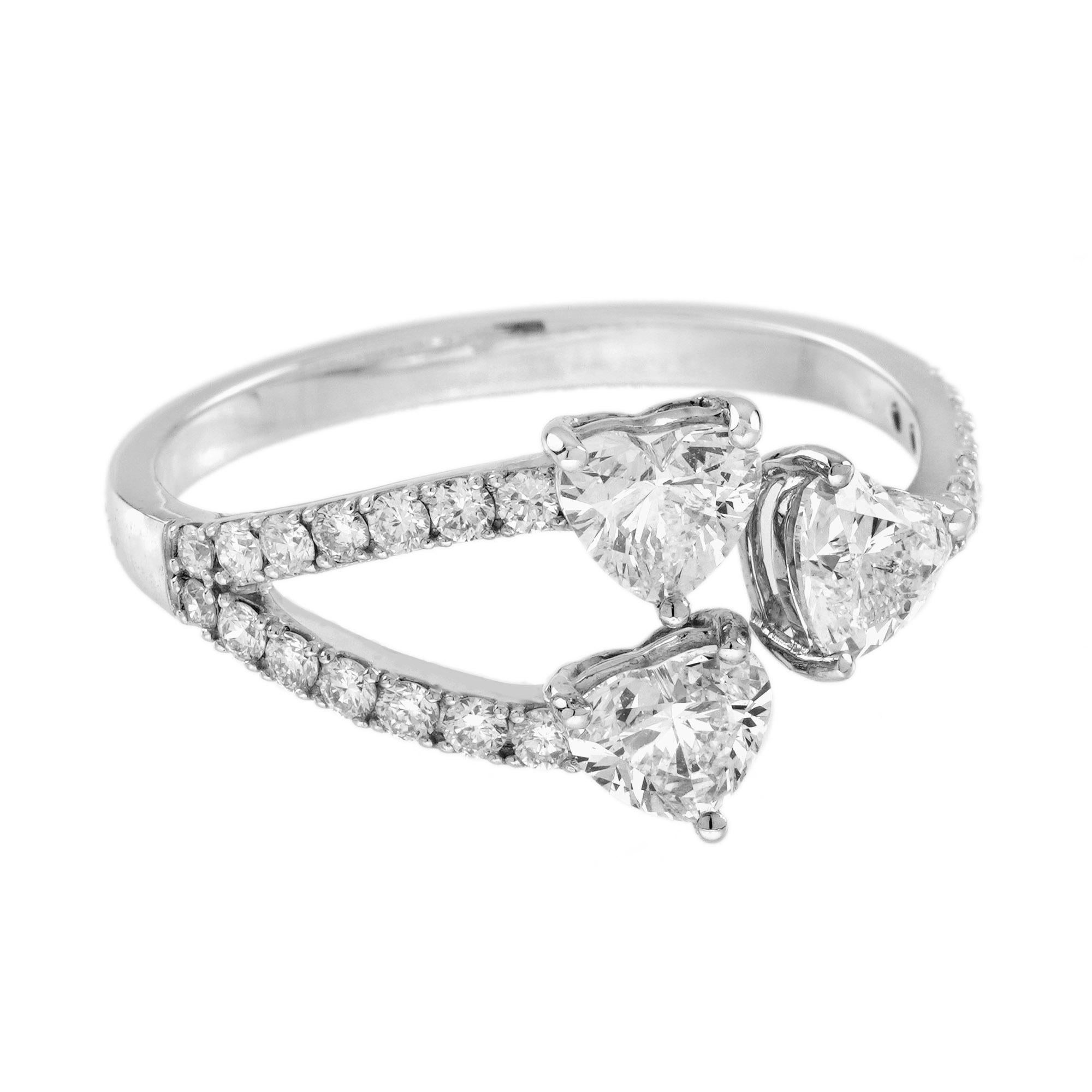 Art Deco Triple Heart Diamond Classic Design Ring in 18K White Gold