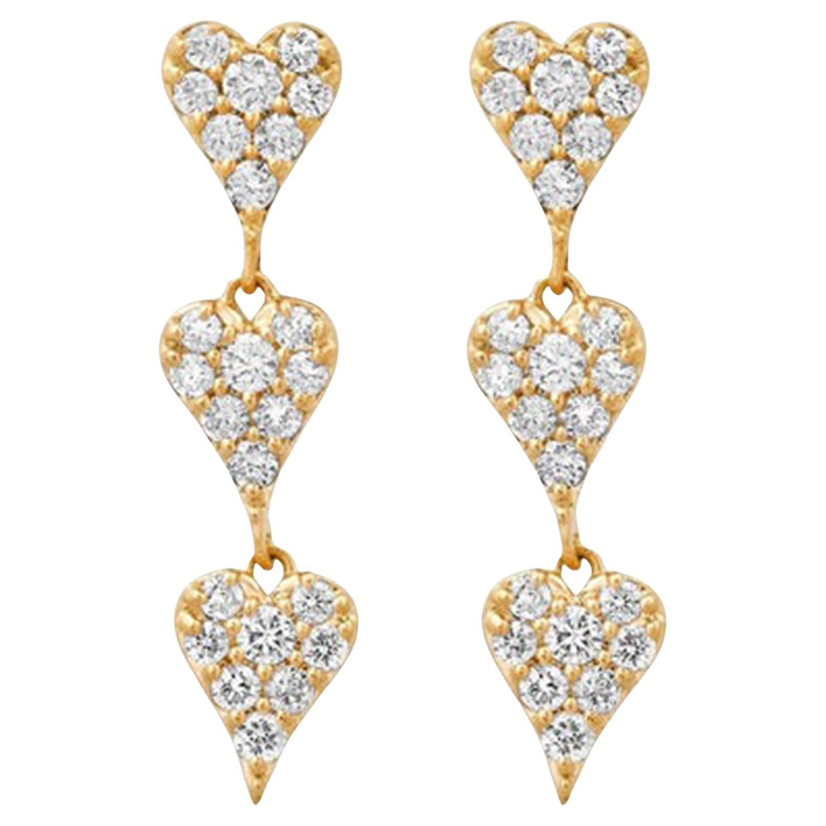 Triple Heart Trail 14K (or 18k upon request) Yellow Gold Drop Earrings For Sale