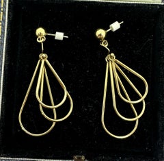Triple Hoop Pendant Dangle Drop Earrings 14 Karat Gold 2 Inches Classic