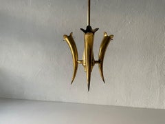 Triple Horn Brass Shade Mid-Century Modern Chandelier, 1950s, Italy