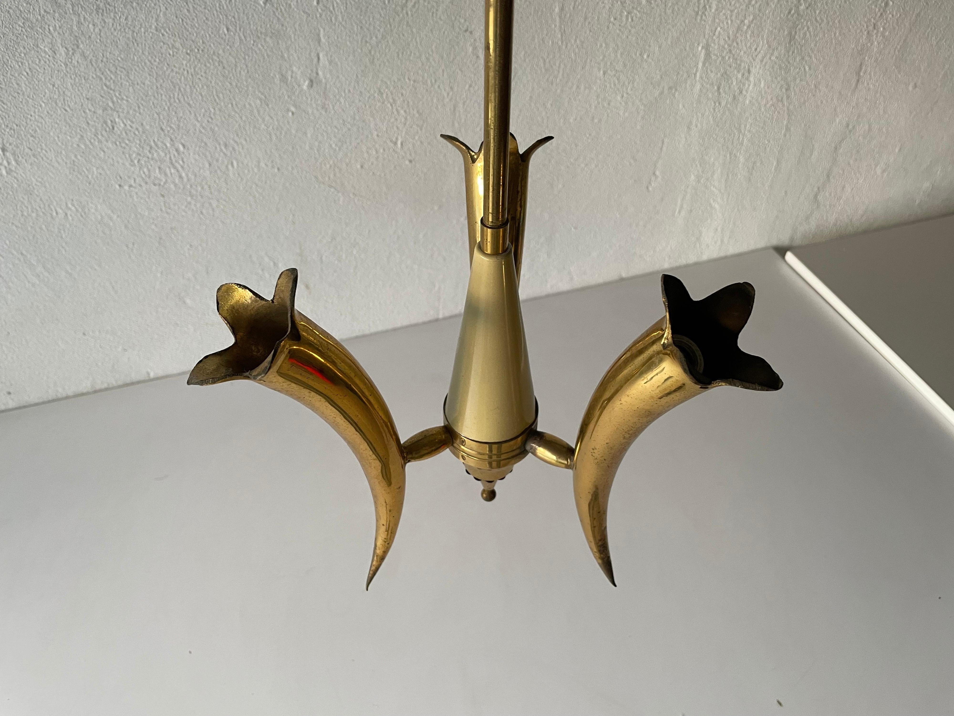 Late 20th Century Triple Horn Brass Shade Mid-Century Modern Chandelier, 1950s, Italy For Sale