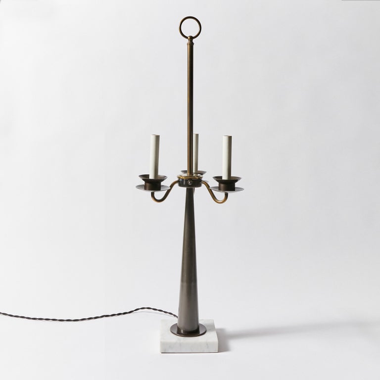 Triple Hurricane Shade Candlestick Table Lamp in the Manner of Tommi