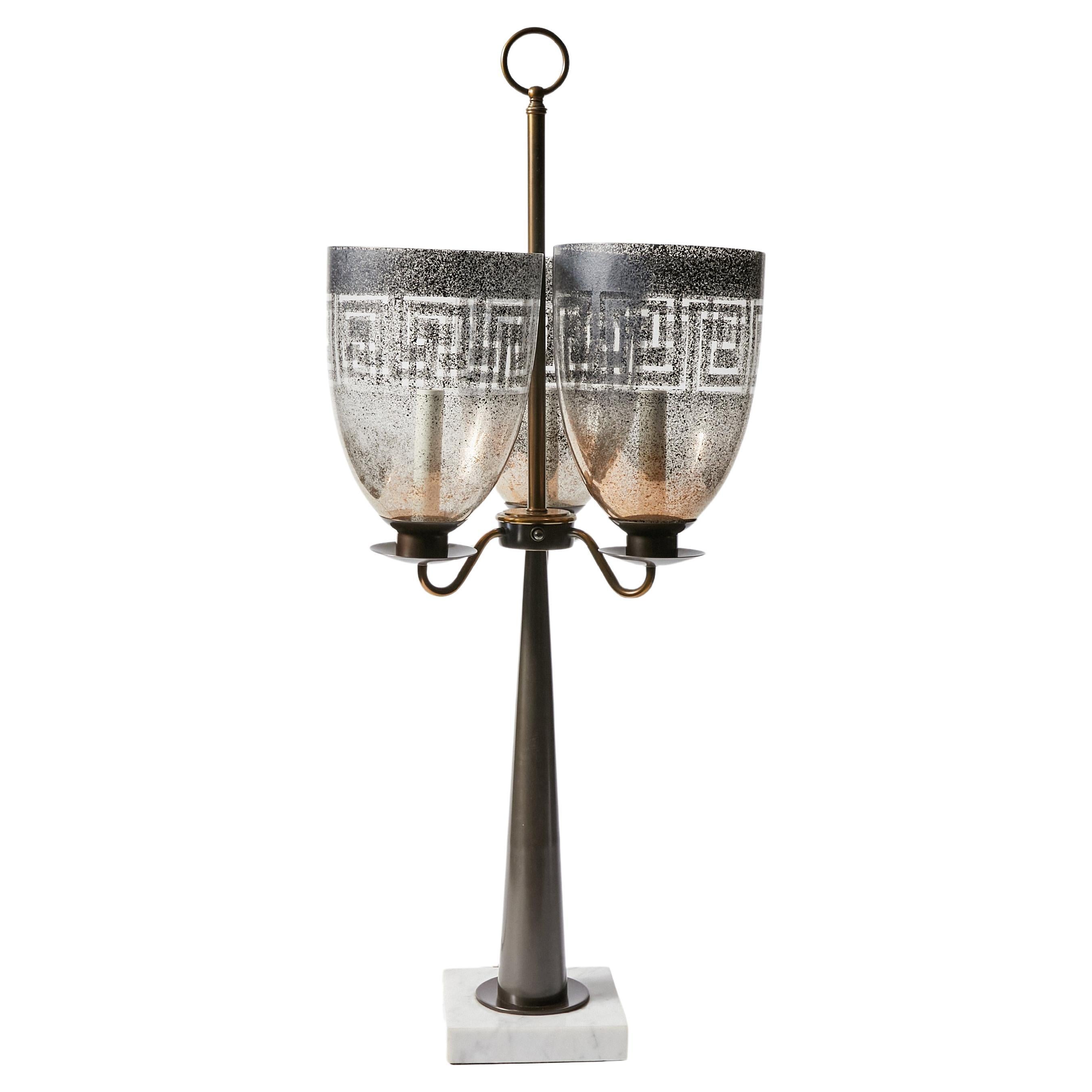 Triple Hurricane Shade Candlestick Table Lamp in the Manner of Tommi Parzinger For Sale