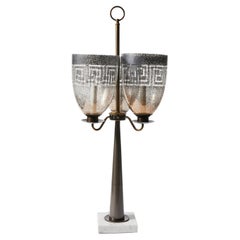 Retro Triple Hurricane Shade Candlestick Table Lamp in the Manner of Tommi Parzinger