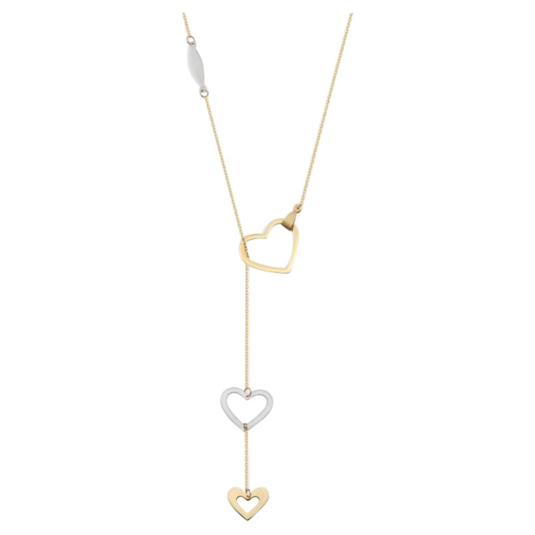 Triple Intertwined Heart Necklace 20" in 14K Solid Yellow Gold For Sale