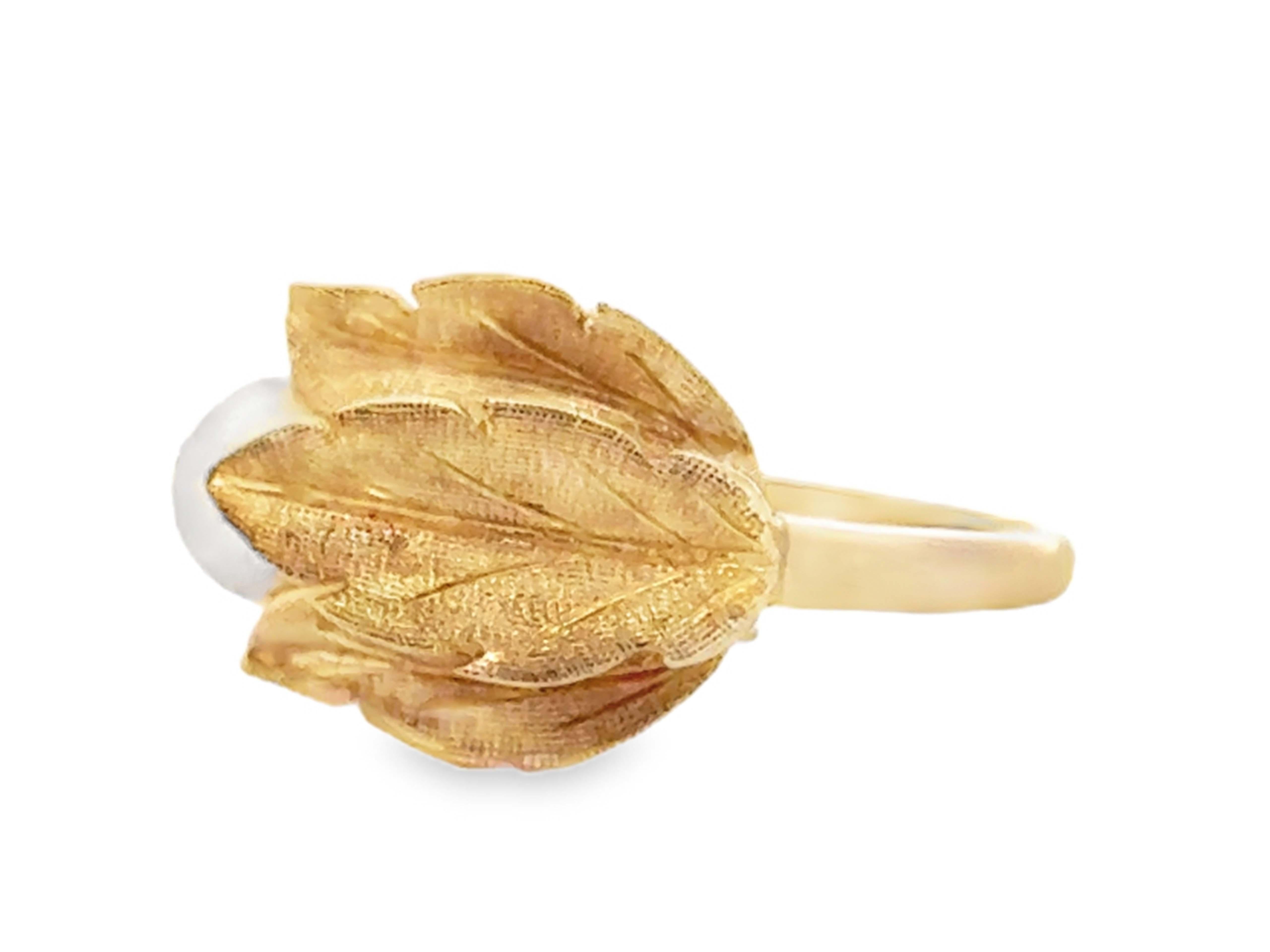 Round Cut Triple Leaf Akoya Pearl Ring 14k Yellow Gold For Sale