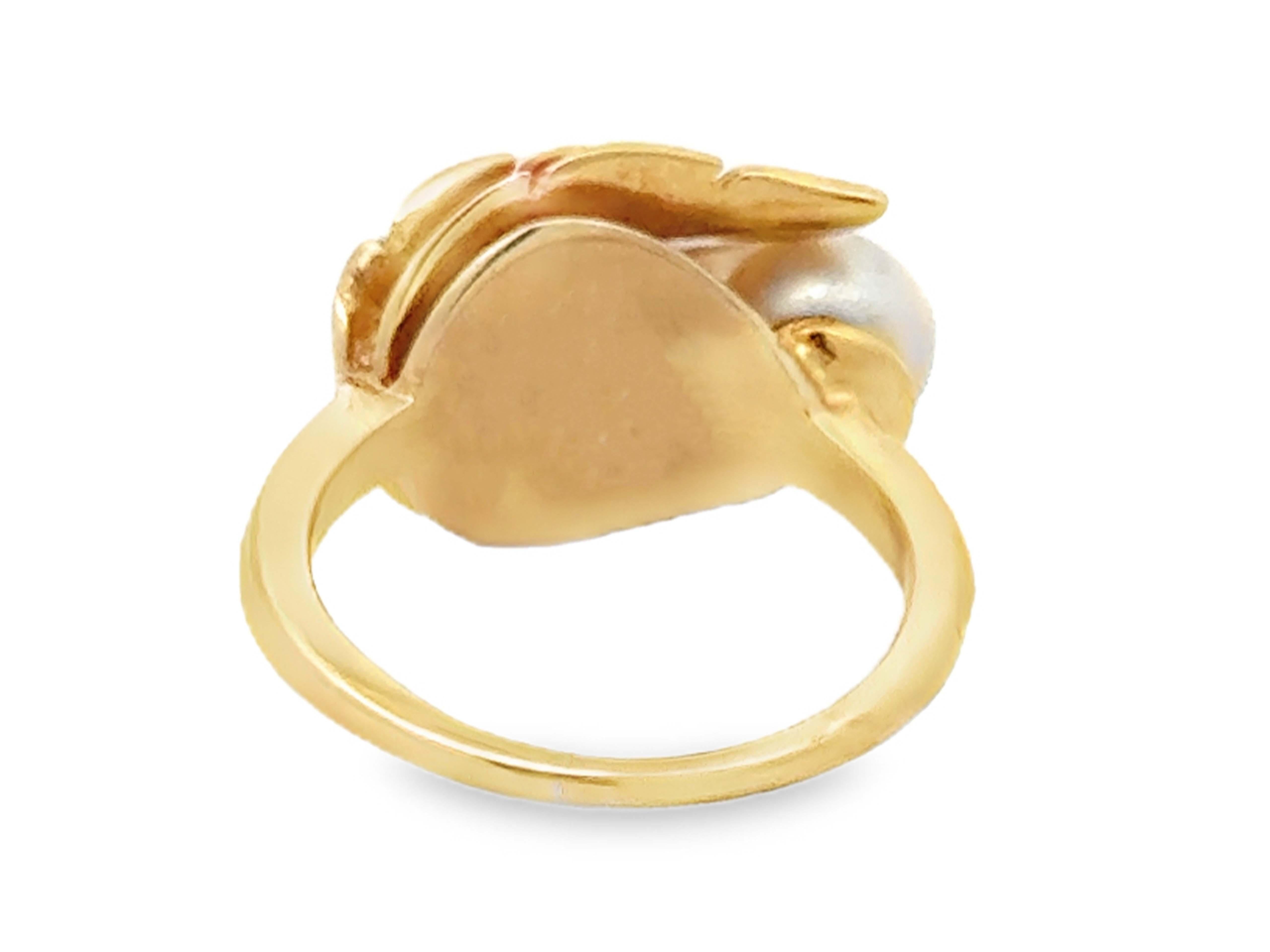 Triple Leaf Akoya Pearl Ring 14k Yellow Gold For Sale 1