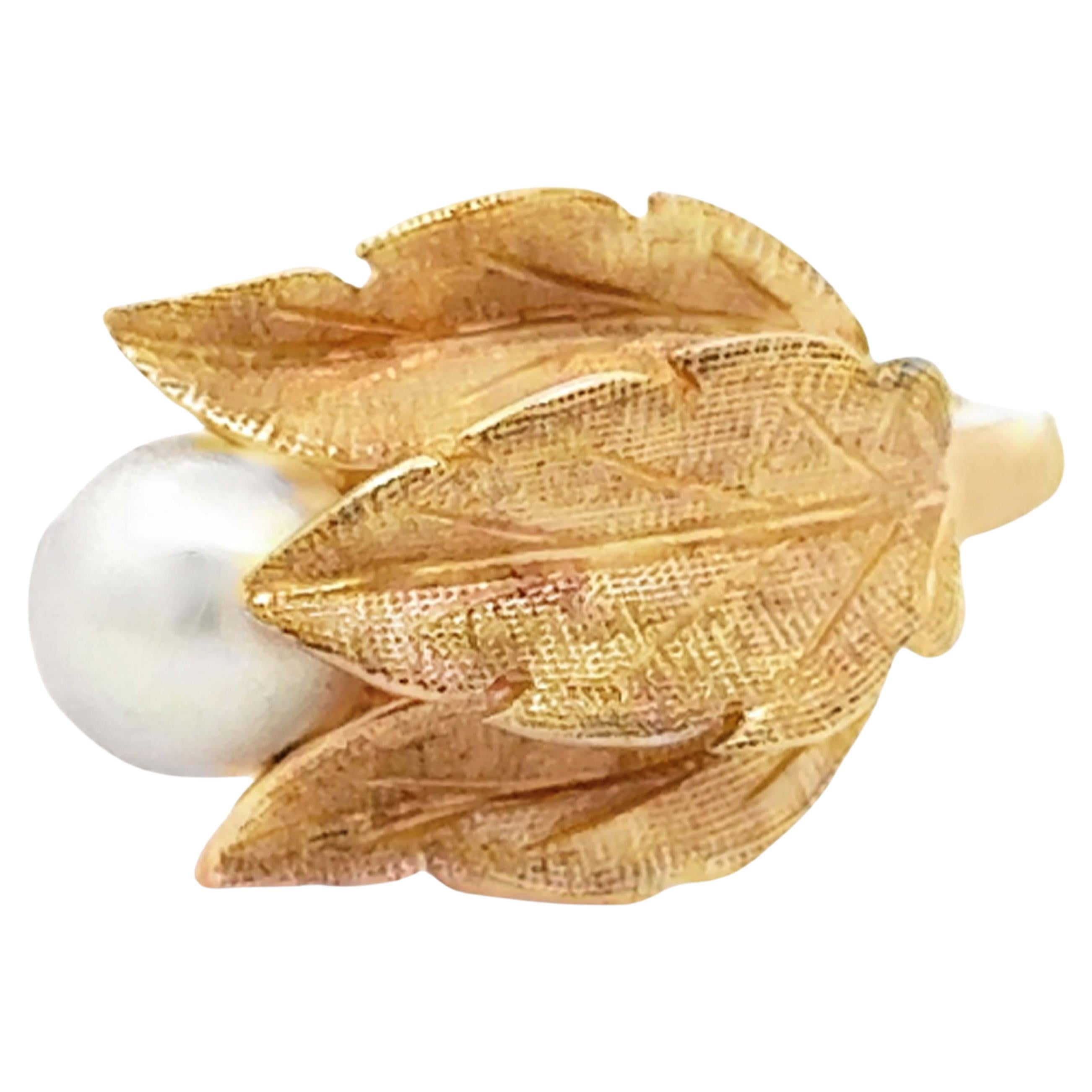 Triple Leaf Akoya Pearl Ring 14k Yellow Gold For Sale