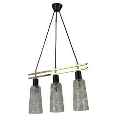 Chandelier in Brass Chrome and Clear Glass Triple Light 1960s