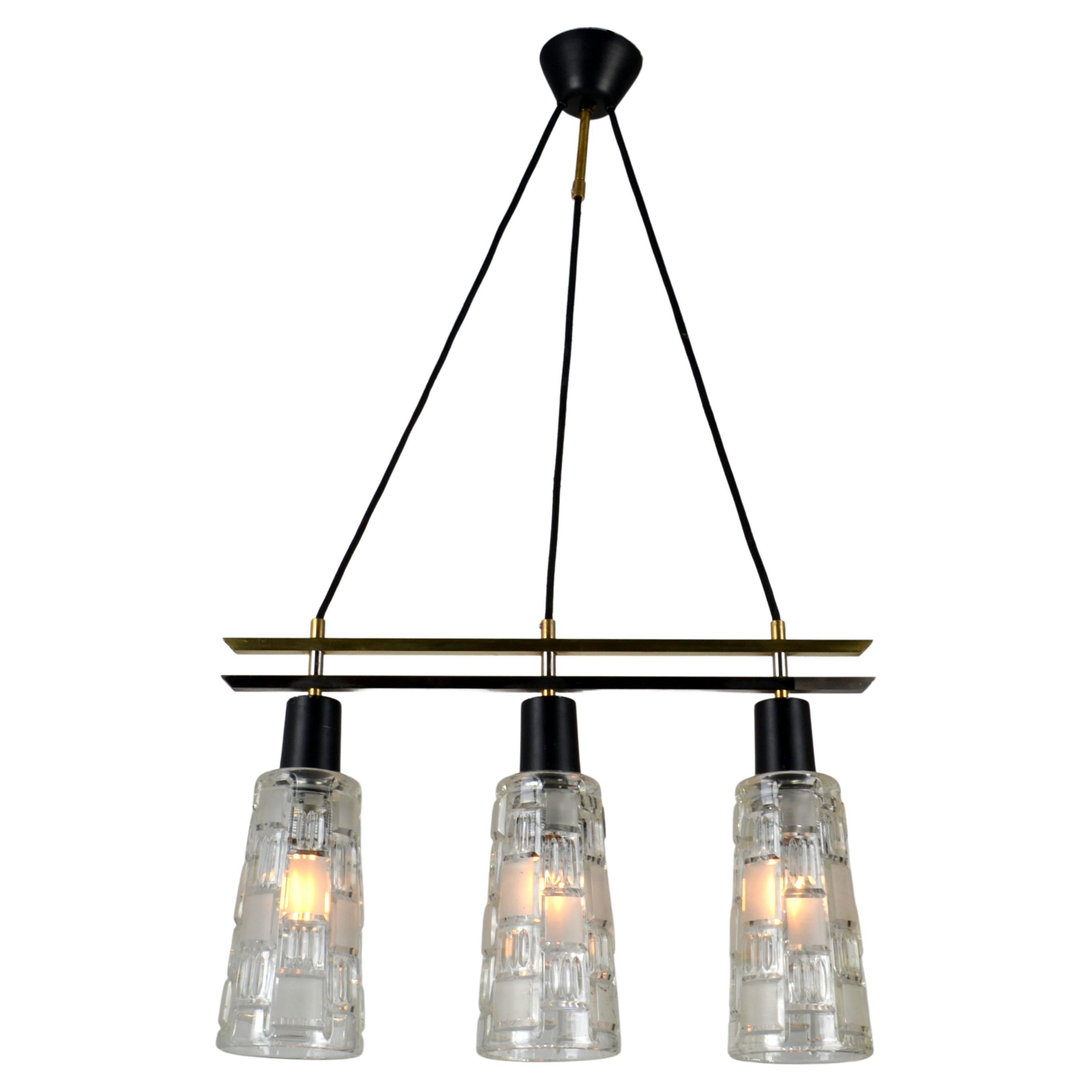 Mid-Century Modern Triple Light Chandelier in Brass Chrome and Clear Glass 1960s For Sale