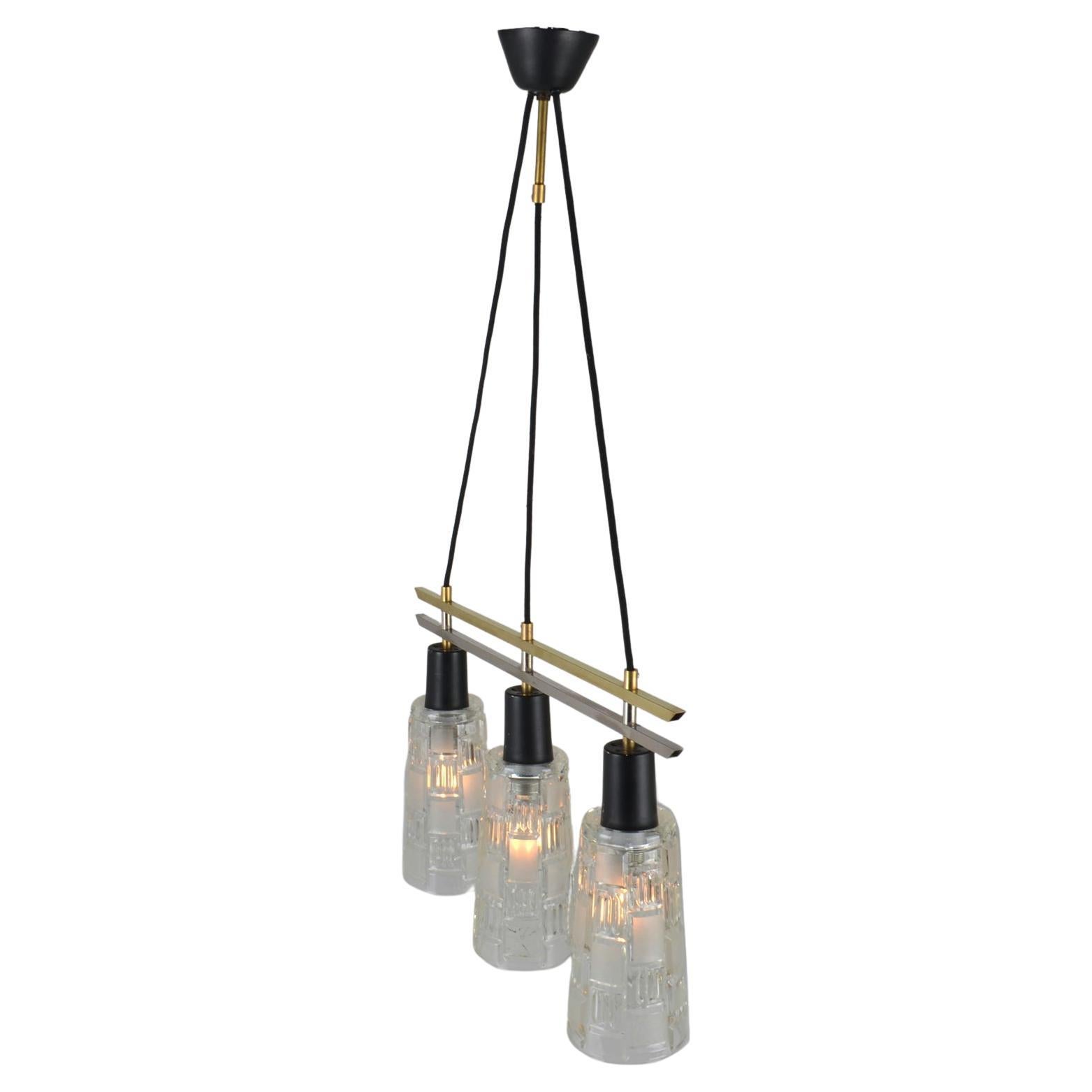 Mid-20th Century Triple Light Chandelier in Brass Chrome and Clear Glass 1960s For Sale