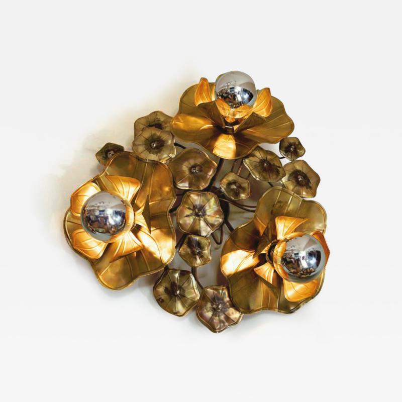 Large Triple Lotus Brass Flower Light for wall or ceiling For Sale 1