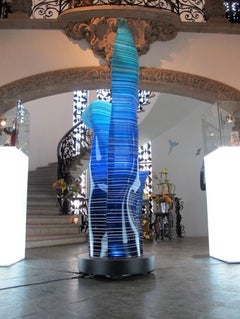 Triple Magikarpet Linear Blue Hues Barcode Glass Lamp over Lighting Base