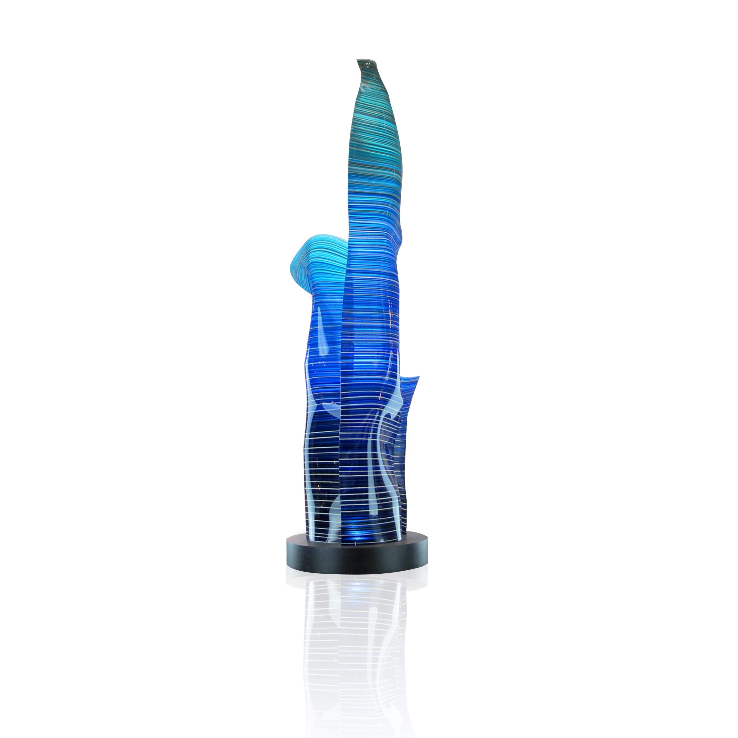 Contemporary Triple Magikarpet Linear Blue Hues Barcode Glass Lamp over Lighting Base For Sale