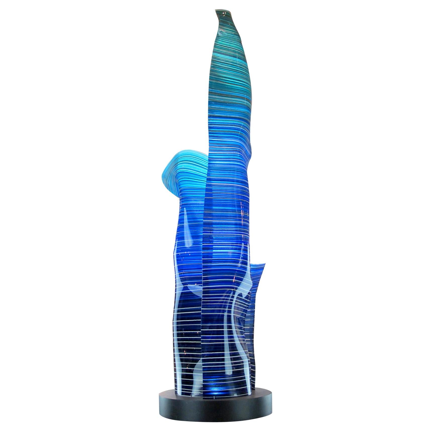 Triple Magikarpet Linear Blue Hues Barcode Glass Lamp over Lighting Base For Sale