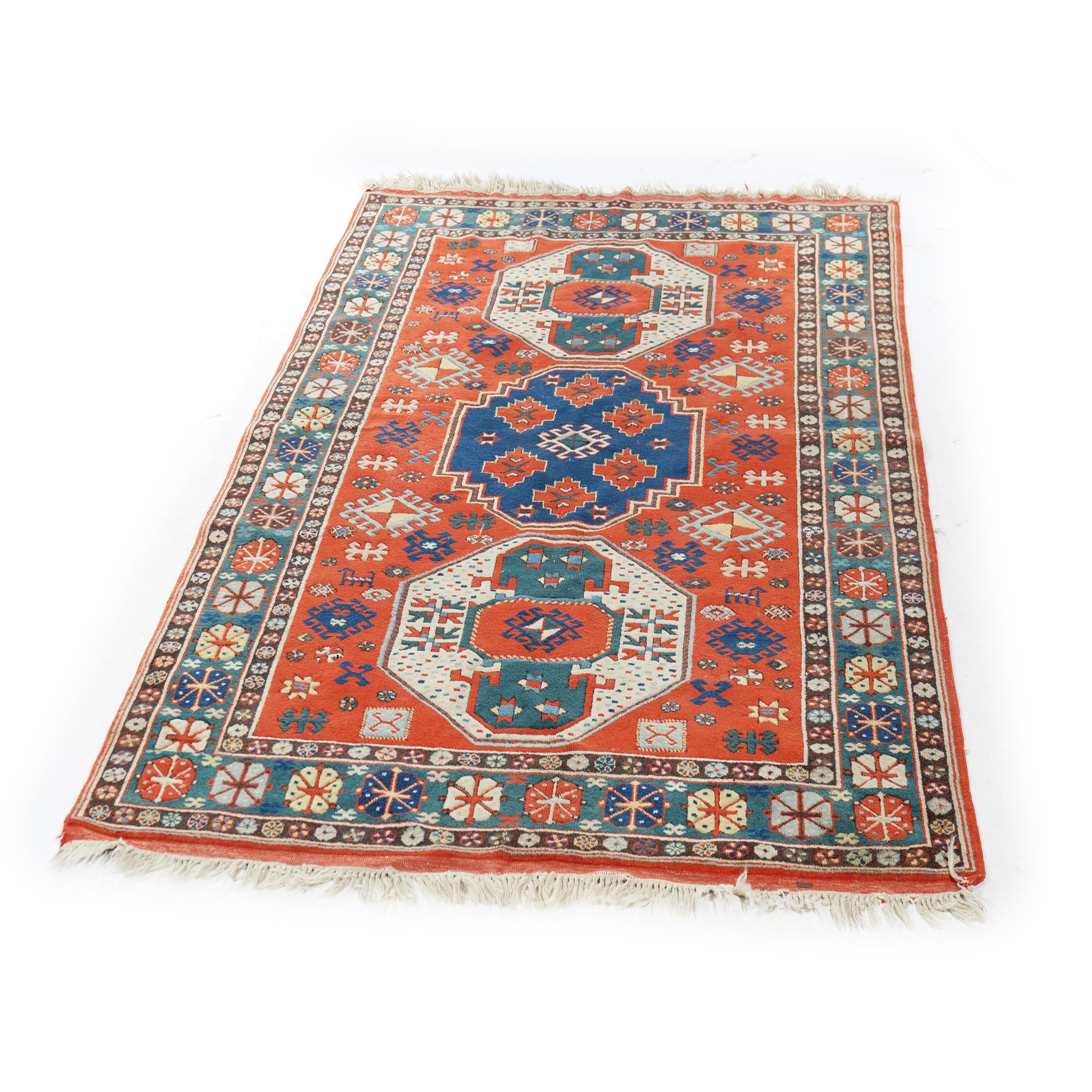 Triple Medallion Caucasian Kazak Oriental Wool Rug 20th Century In Good Condition For Sale In Big Flats, NY
