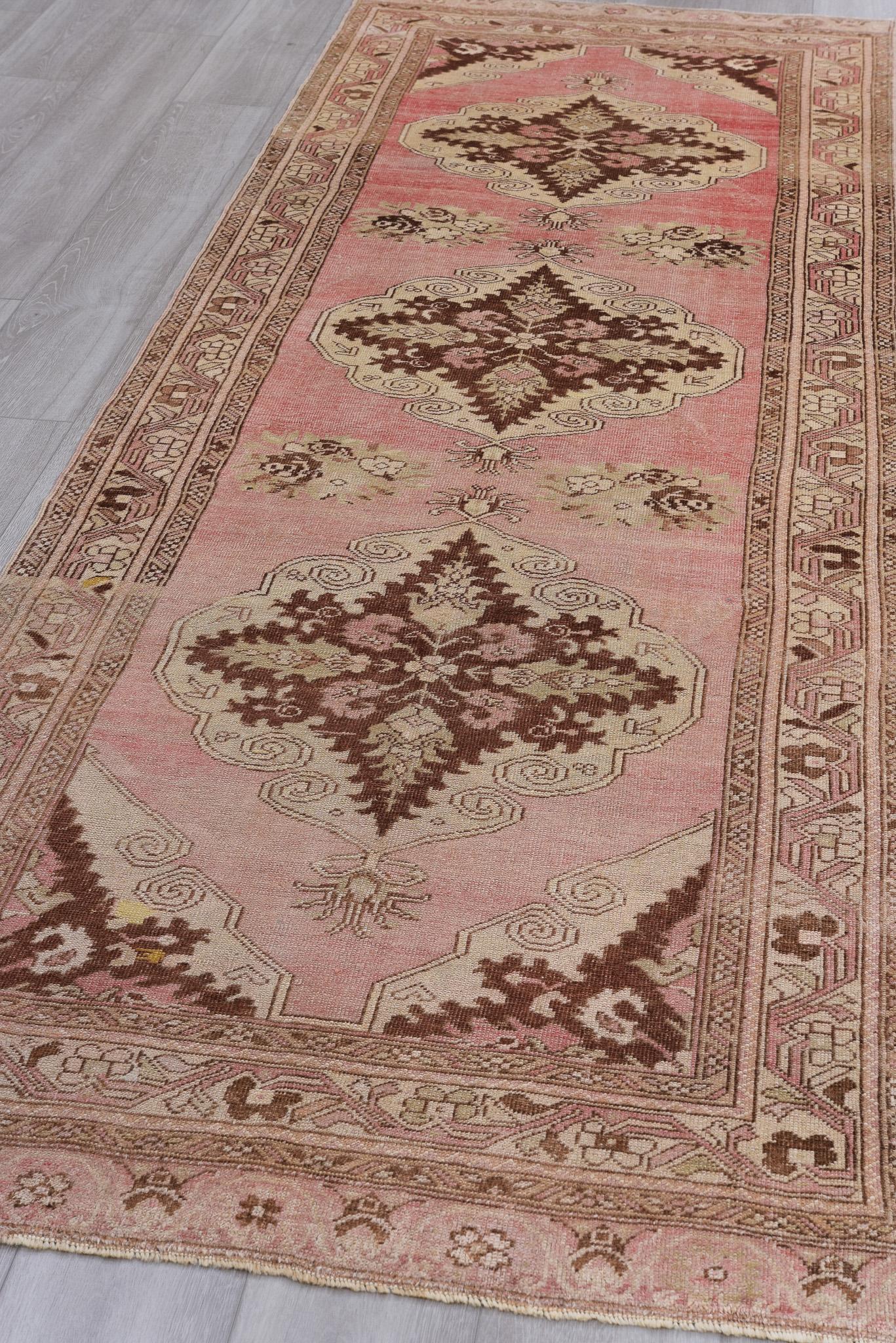 Turkish Triple Medallion Sunset Pink Vintage Oushak Runner For Sale
