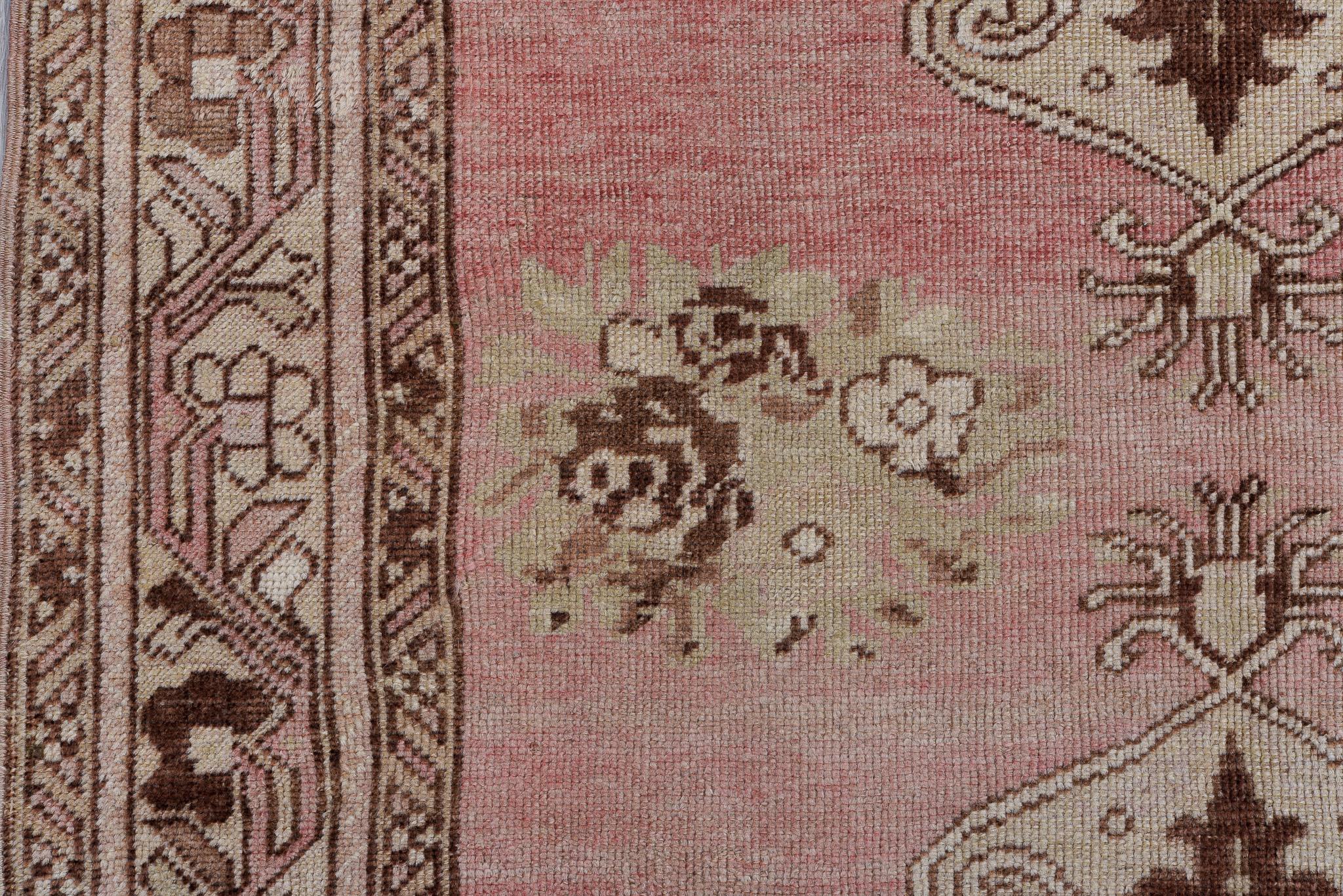 Wool Triple Medallion Sunset Pink Vintage Oushak Runner For Sale