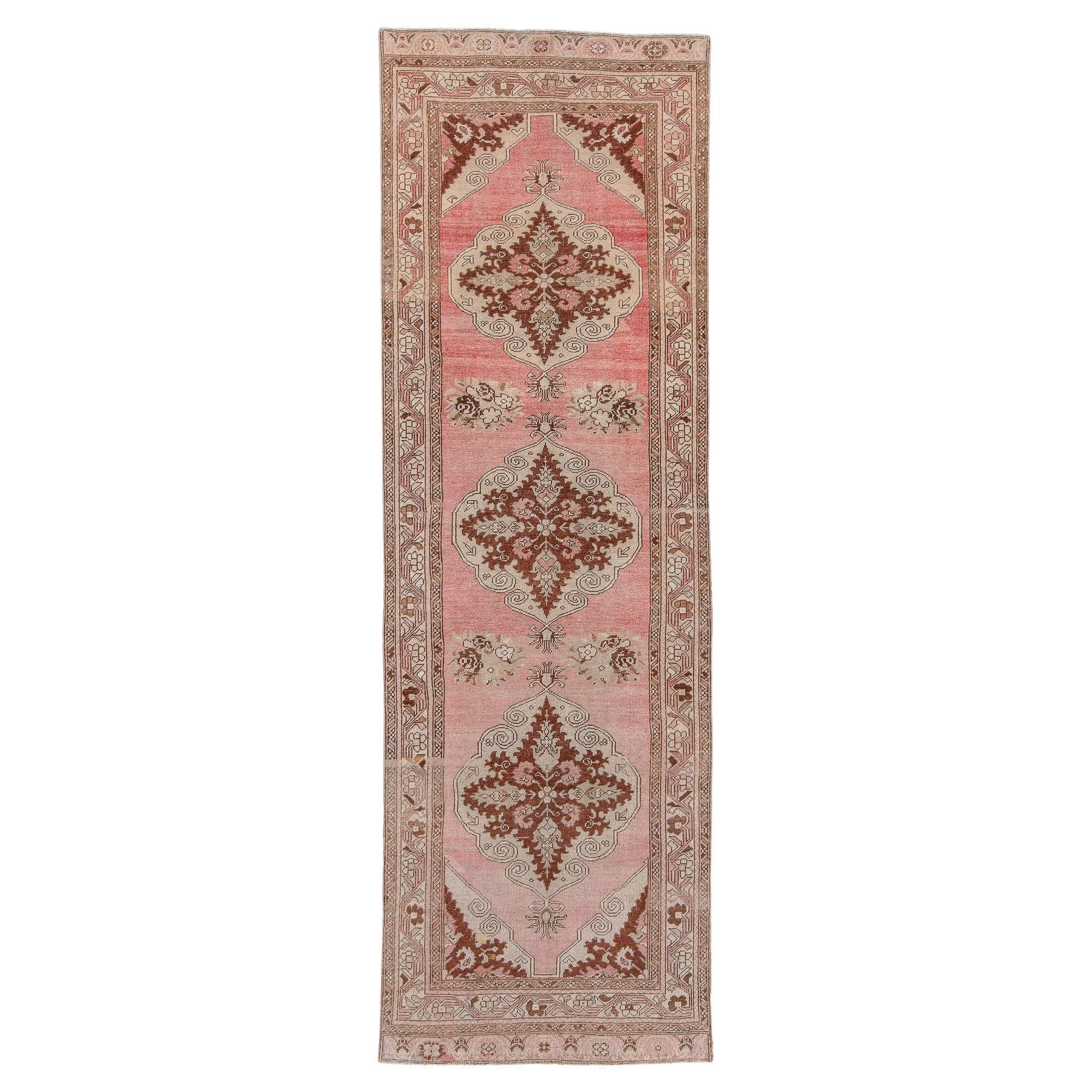 Triple Medallion Sunset Pink Vintage Oushak Runner For Sale