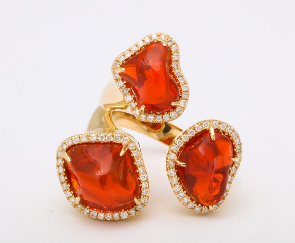 Triple Mexican Fire Opal Diamond Ring In New Condition In Bal Harbour, FL