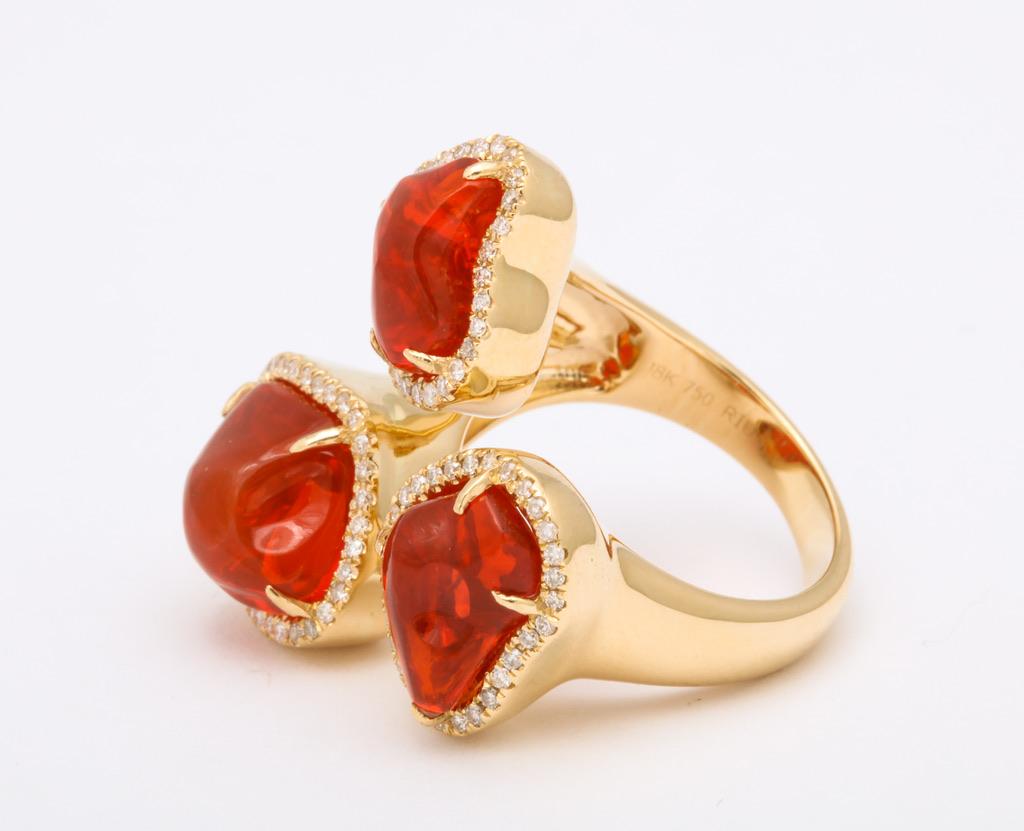 Women's or Men's Triple Mexican Fire Opal Diamond Ring