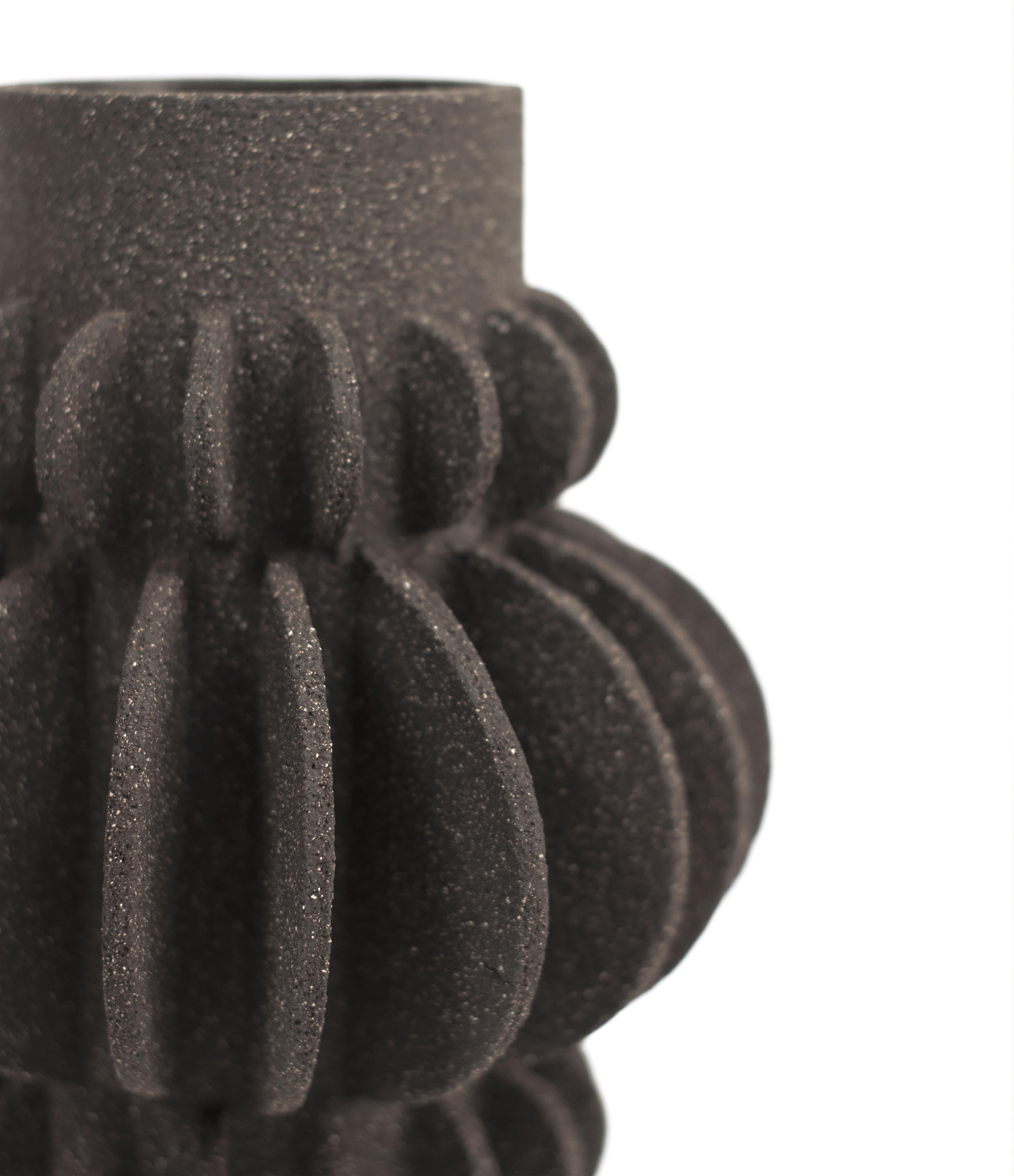 Minimalist 21st Century Triple Mille-Pattes Vase in Black Ceramic, Hand-Crafted in France