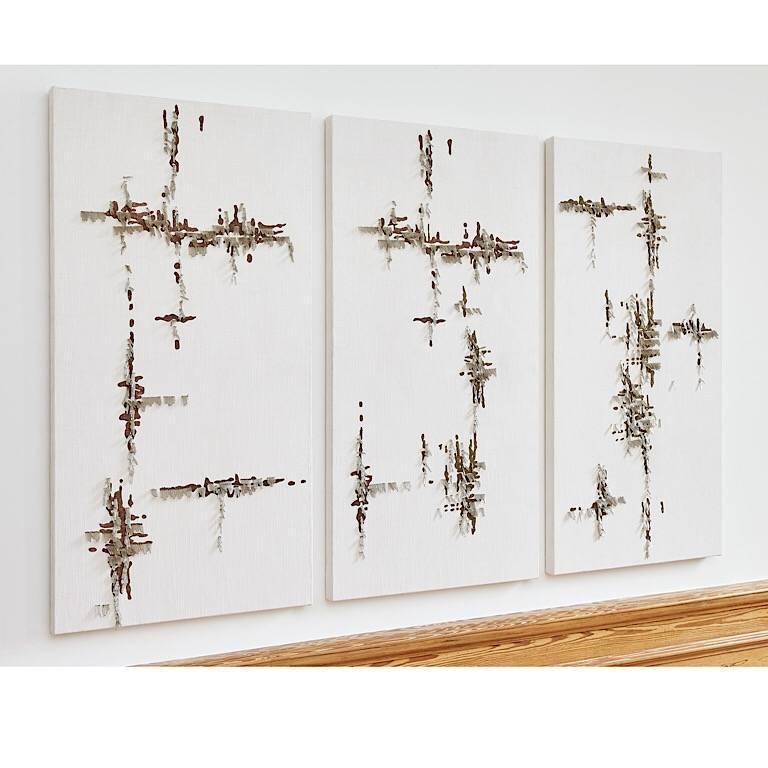 Set of three wall panels on a white canvas embroidered with gold and bronze bugle beads and beaten bullion. A set of tapestry with a modern design.
The artworks created by Geraldine Larkin, an Irish artist based in London, are inspired by either
