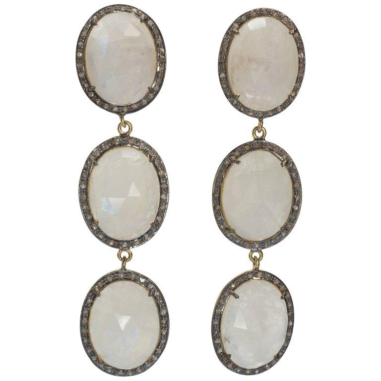 Triple Natural Faceted Moonstone Antique Cut Diamond Vermeil Post Earrings 3 inches long and each moonstone drop measure 3/4 inches wide.  Very flexible and charming. Post fitting.