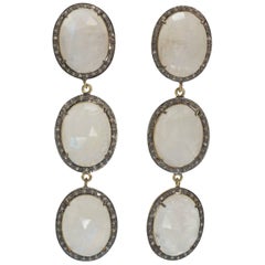 Triple Natural Faceted Moonstone Antique Cut Steel Grey Diamond Earrings