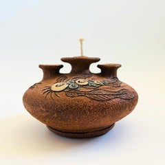 Carved Studio Pottery Oil Lamp Vase by Carma, Triple Neck Design, Dated 1984