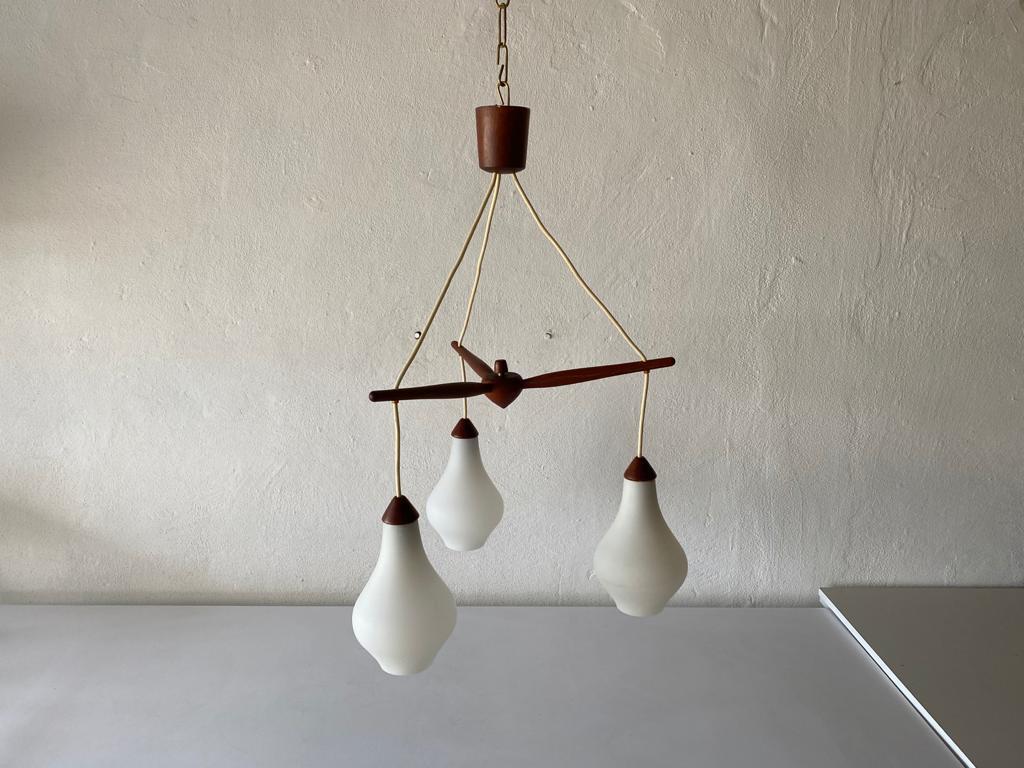 Mid-Century Modern Triple Opal Glass & Teak Ceiling Lamp by Uno & Östen Kristiansson, 1960s Sweden For Sale