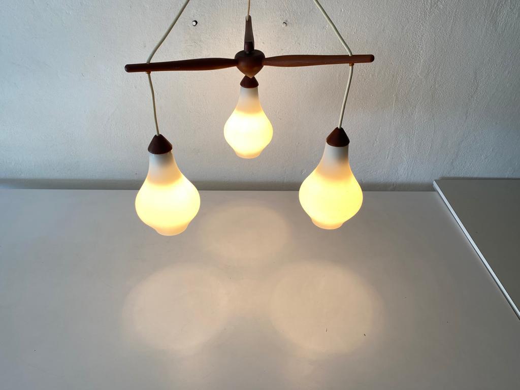 Swedish Triple Opal Glass & Teak Ceiling Lamp by Uno & Östen Kristiansson, 1960s Sweden For Sale
