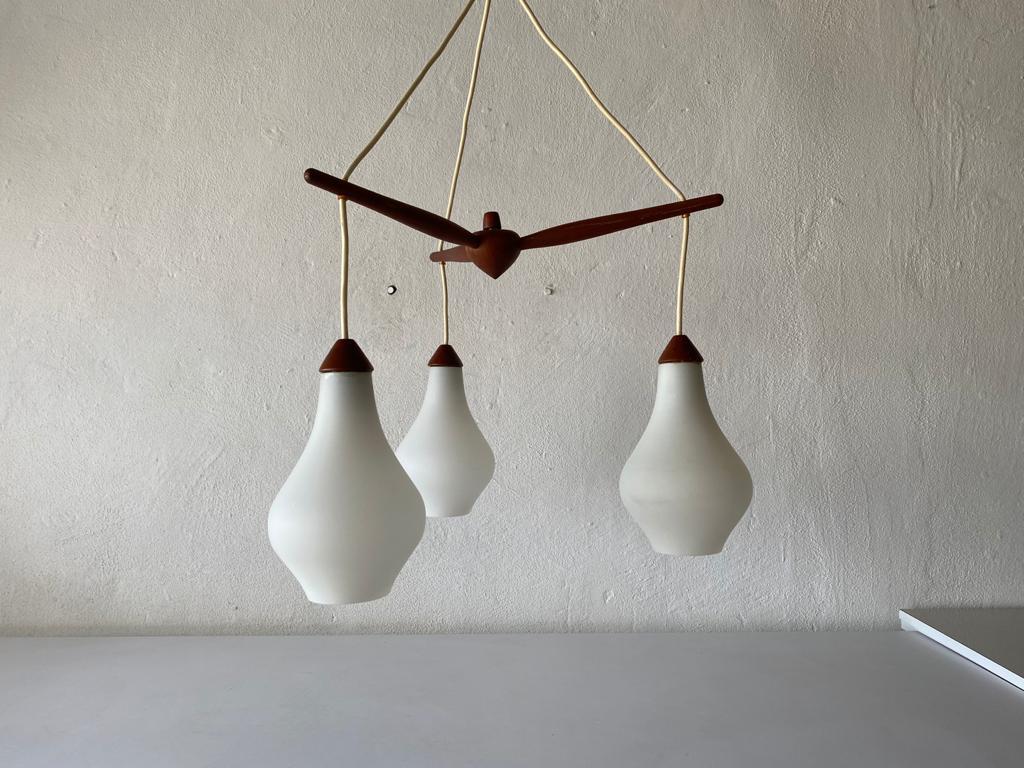 Mid-20th Century Triple Opal Glass & Teak Ceiling Lamp by Uno & Östen Kristiansson, 1960s Sweden For Sale