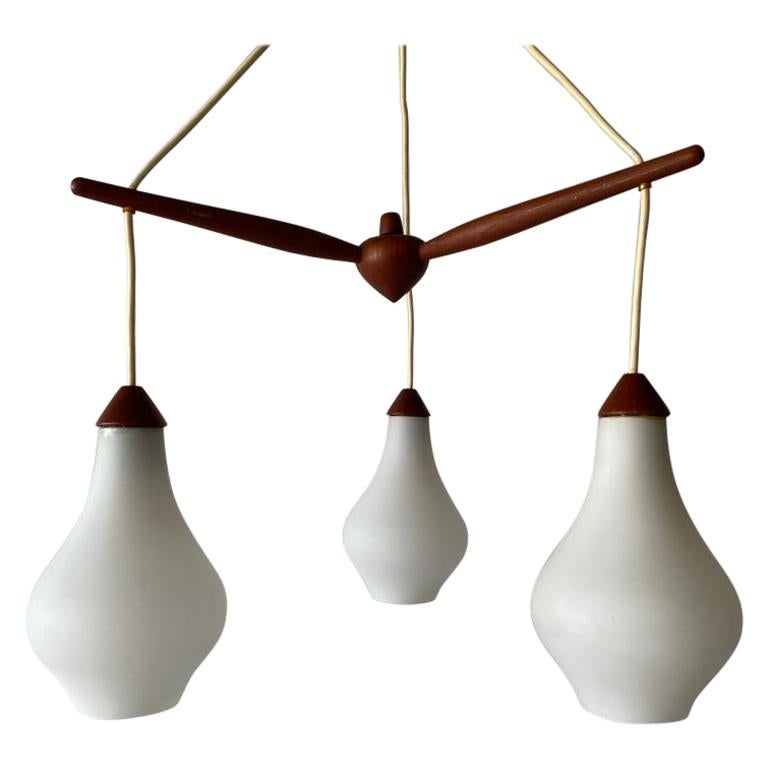 Triple Opal Glass & Teak Ceiling Lamp by Uno & Östen Kristiansson, 1960s Sweden