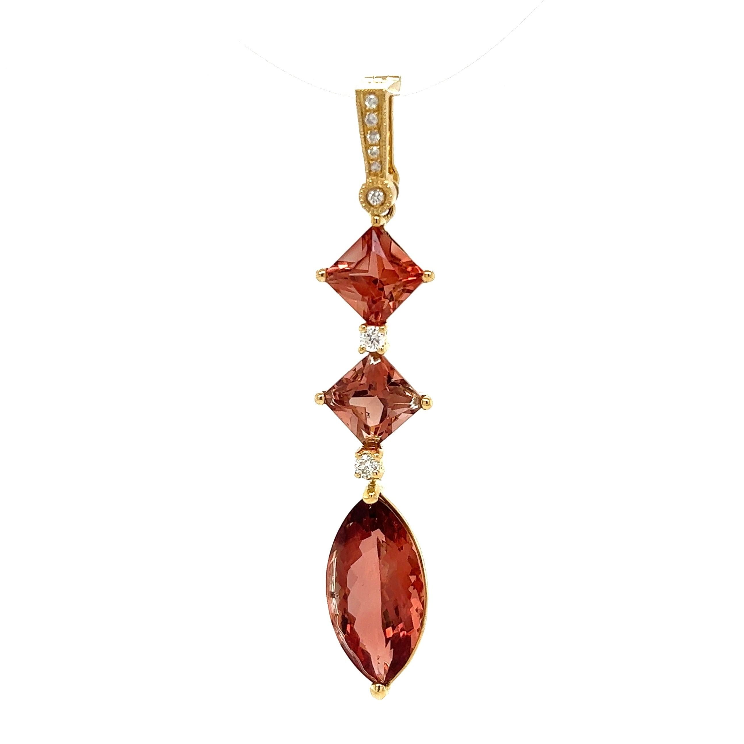Simply Beautiful! Finely detailed Triple Oregon Sunstone and Diamond Pendant. Hand set with Oregon Sunstone weighing approx. 6.99tcw and Diamonds approx.  0.14tcw on Open-able Bale. Pendant measures approx. 2.0” l x 0.40” w. Hand crafted in 14K