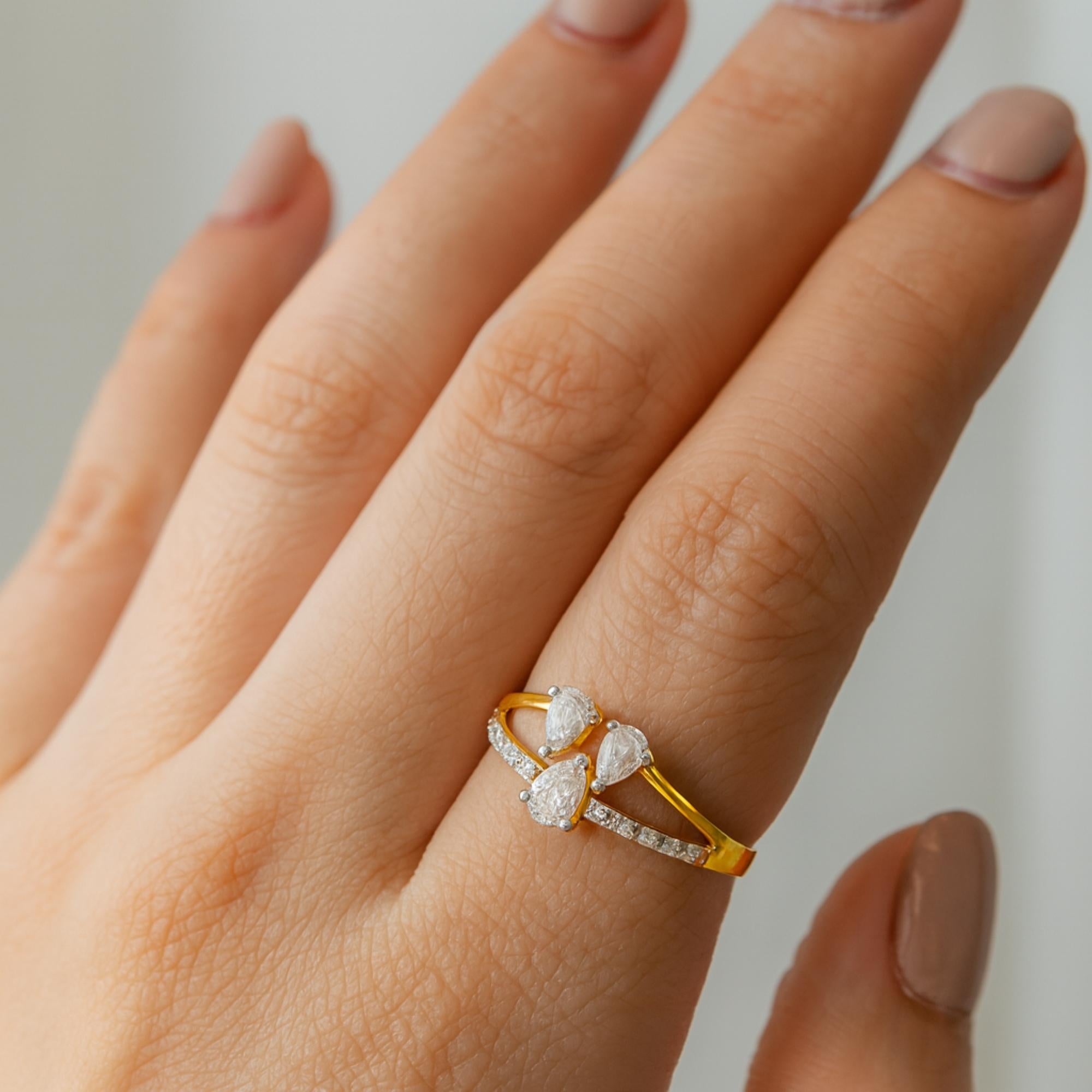 En vente :  Bague d'anniversaire triple poire SI/H 0,90 ct de diamant naturel or jaune 14k 2