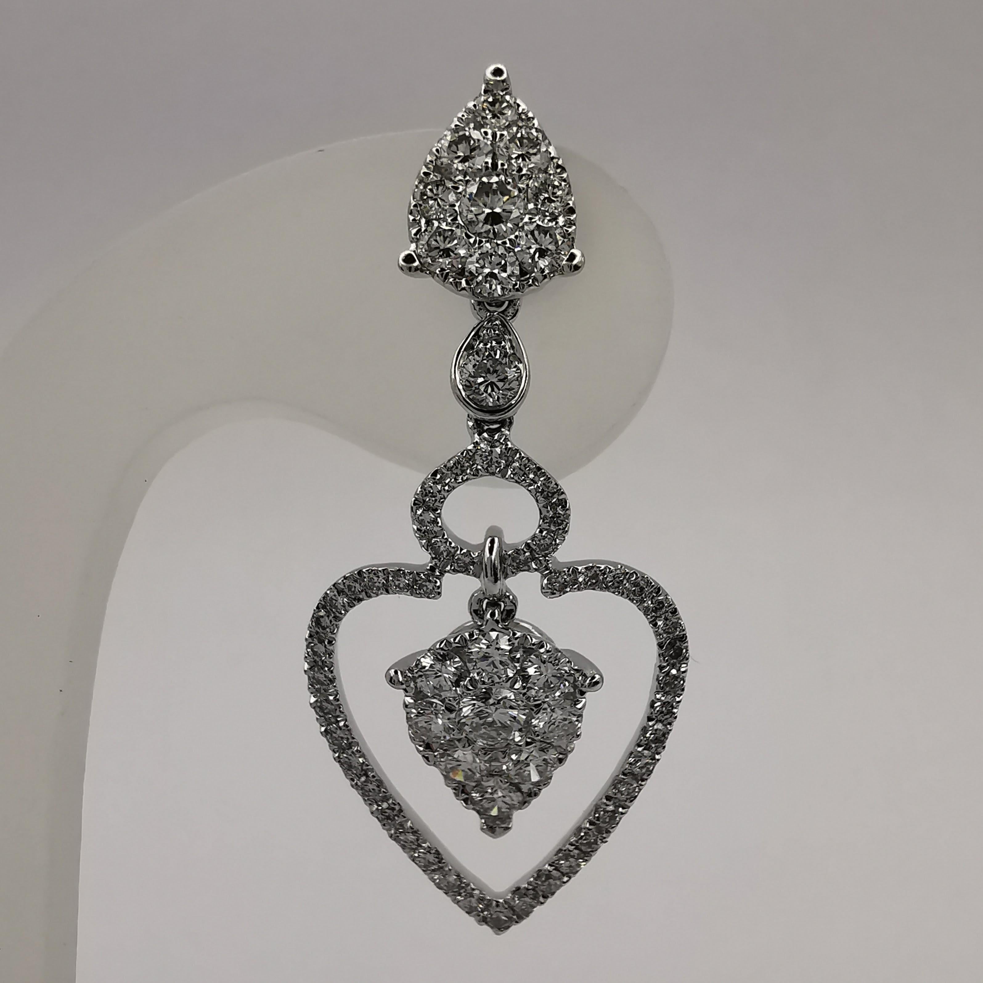 Round Cut Triple Teardrop 1.69 Carat Diamond Dangling Earrings in 18K White Gold For Sale