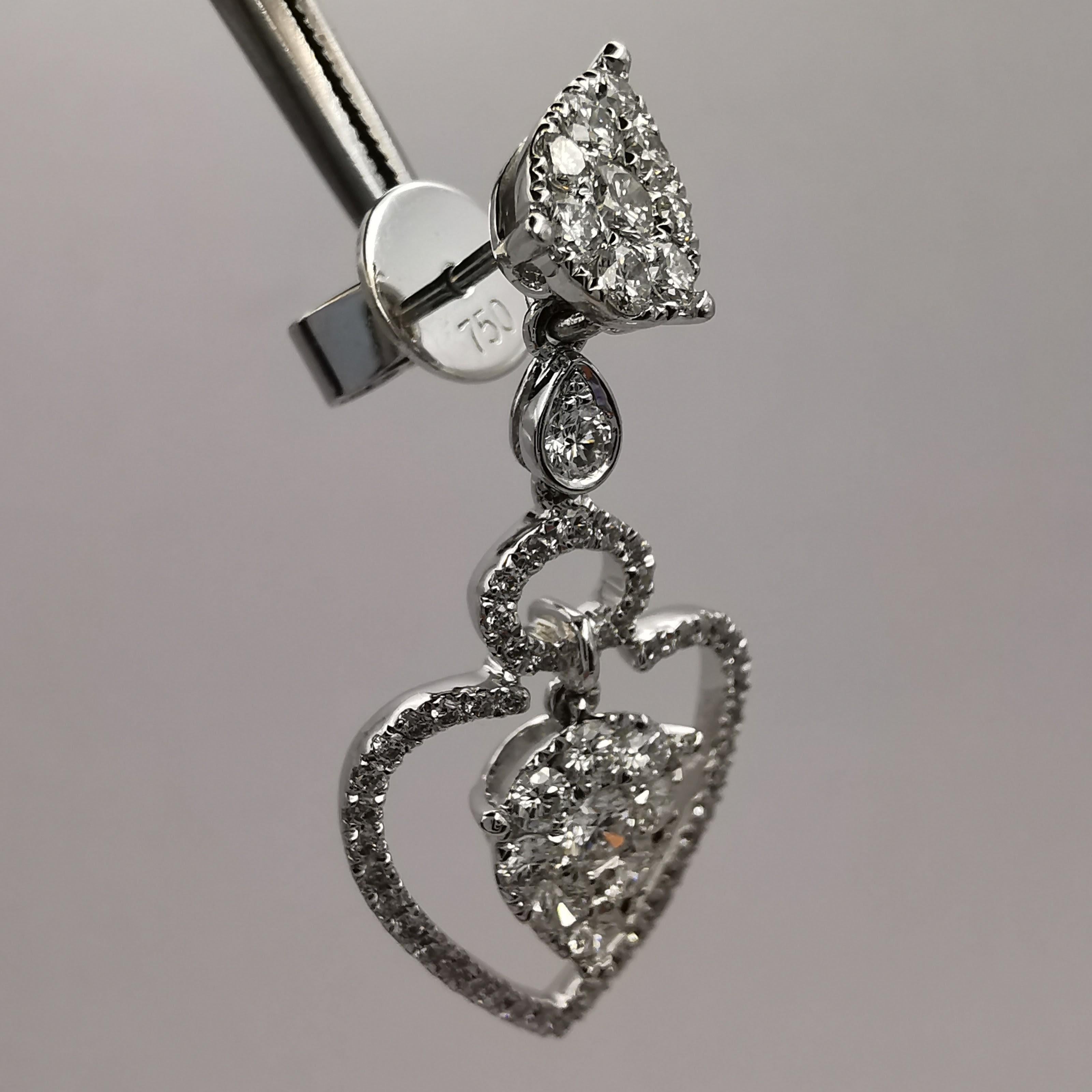 Triple Teardrop 1.69 Carat Diamond Dangling Earrings in 18K White Gold For Sale 1