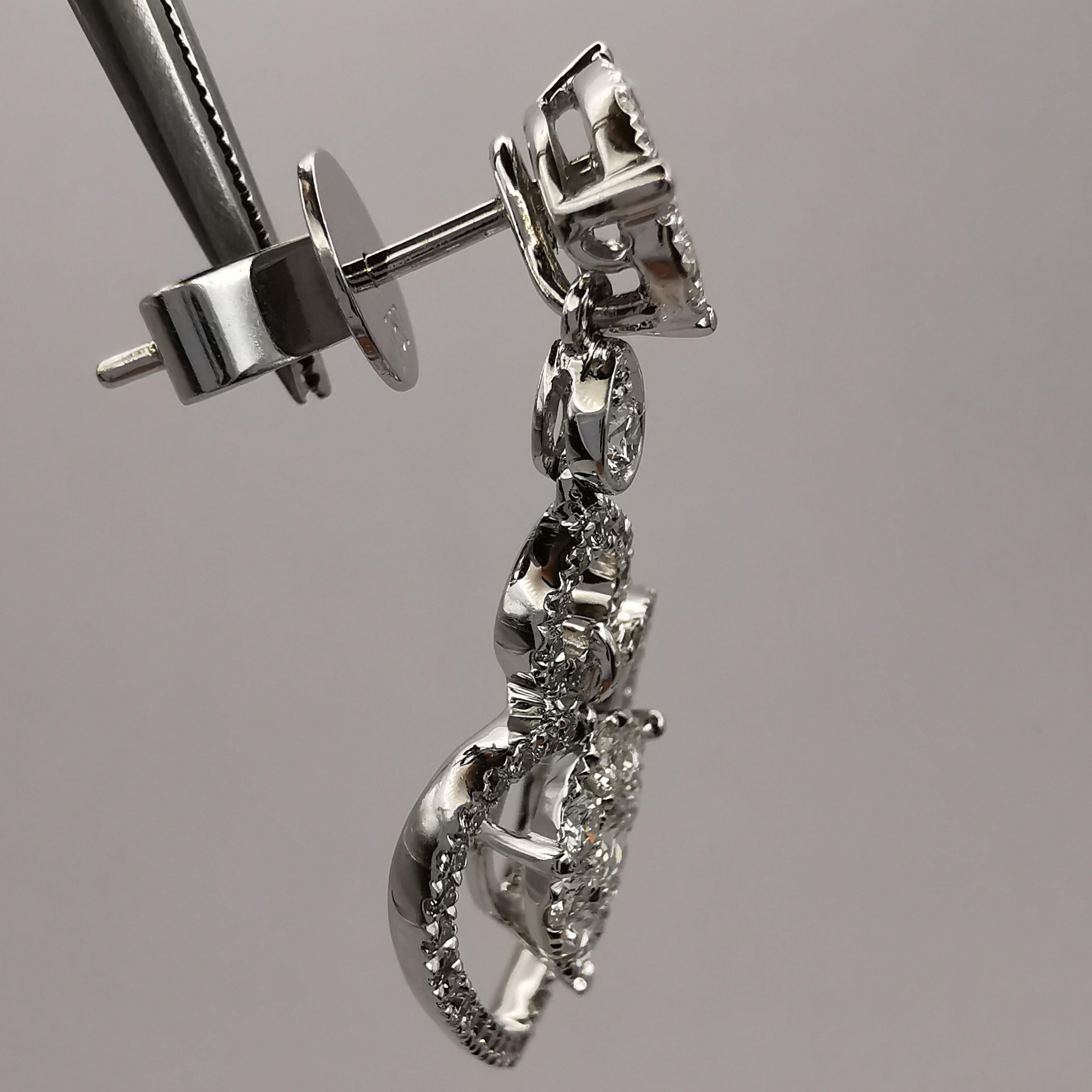 Triple Teardrop 1.69 Carat Diamond Dangling Earrings in 18K White Gold For Sale 2
