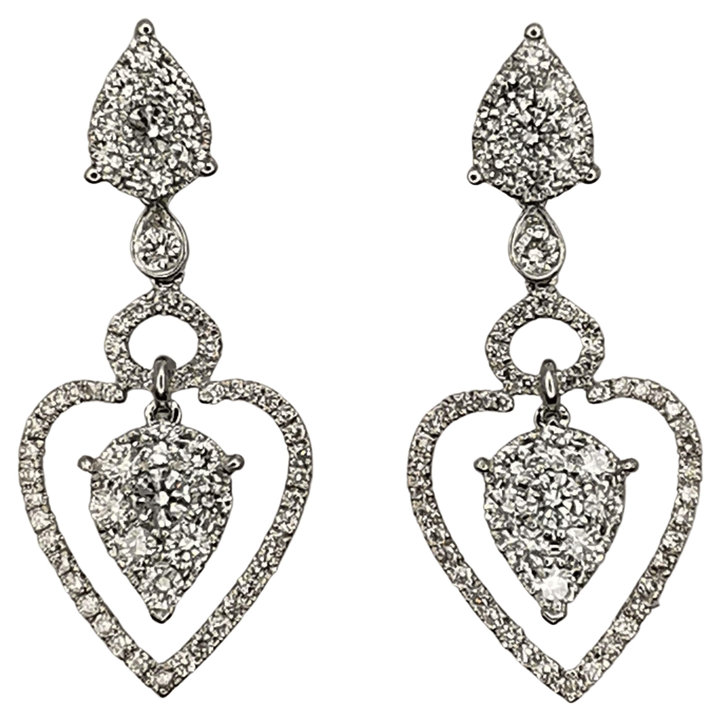 Triple Teardrop 1.69 Carat Diamond Dangling Earrings in 18K White Gold For Sale