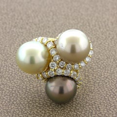 Triple Pearl Diamond 18k Yellow Gold Ring