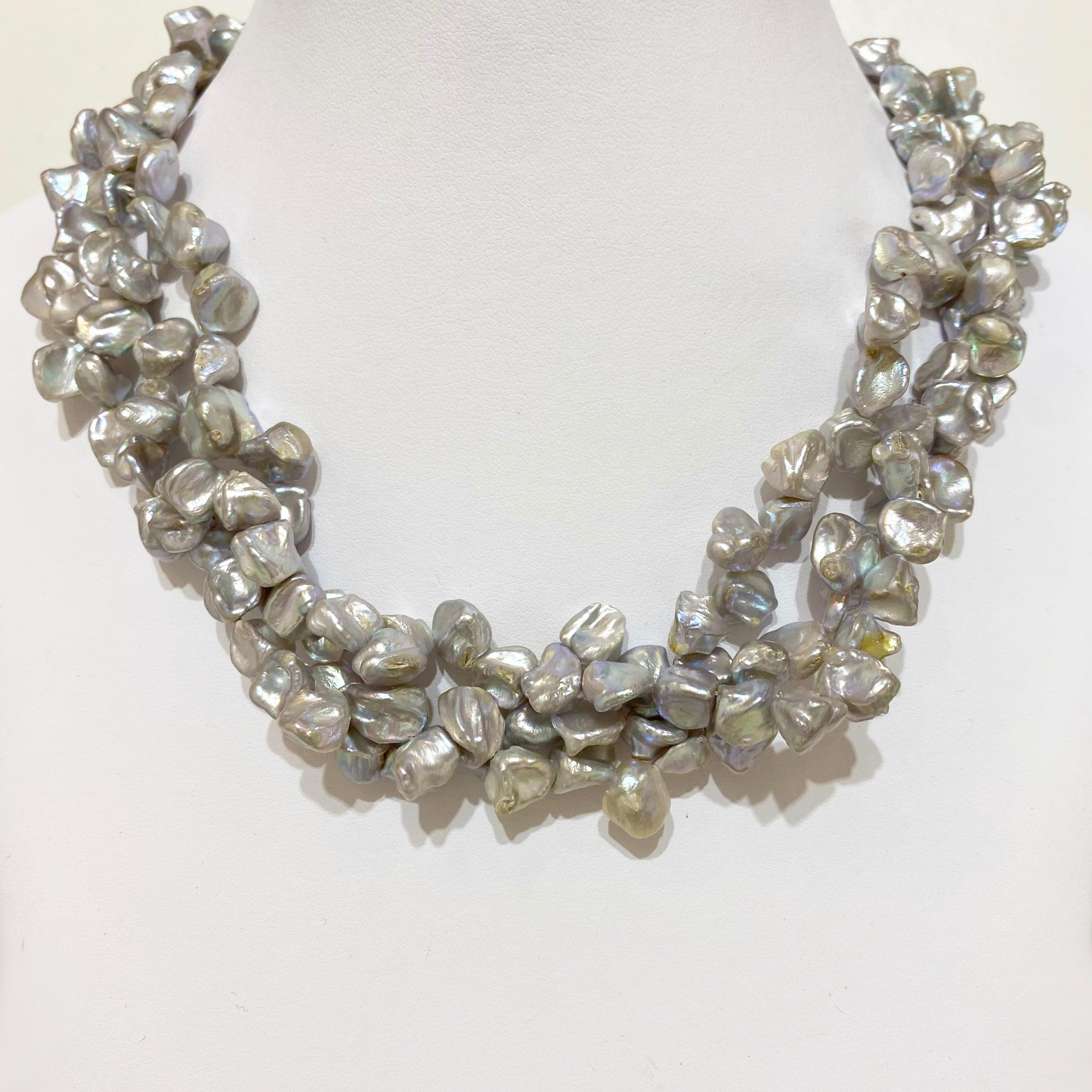 Triple Pearl Necklace Choker w Gray Genuine Cultured Pearls In New Condition For Sale In Austin, TX