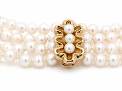 Triple Pearl Strand Necklace Wide 14k Yellow Gold Abstract Fluid Design Clasp
