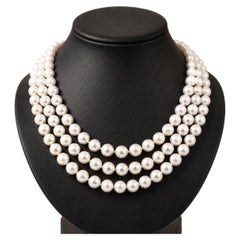 Triple Pearl Strand Necklace Wide 14k Yellow Gold Abstract Fluid Design Clasp