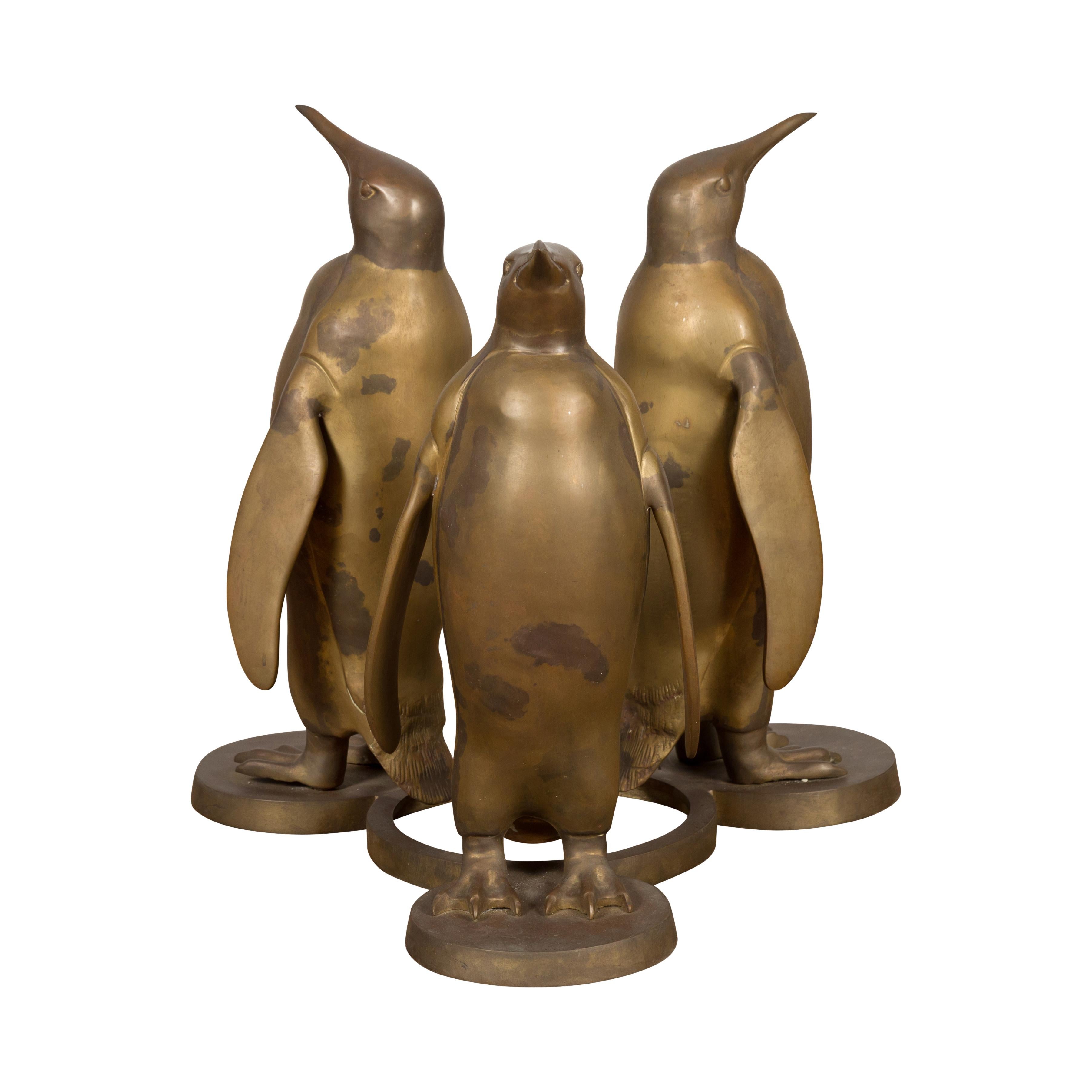 Triple Penguin Bronze Sculpted Group on Trefoiled Base with Gold Patina For Sale 6