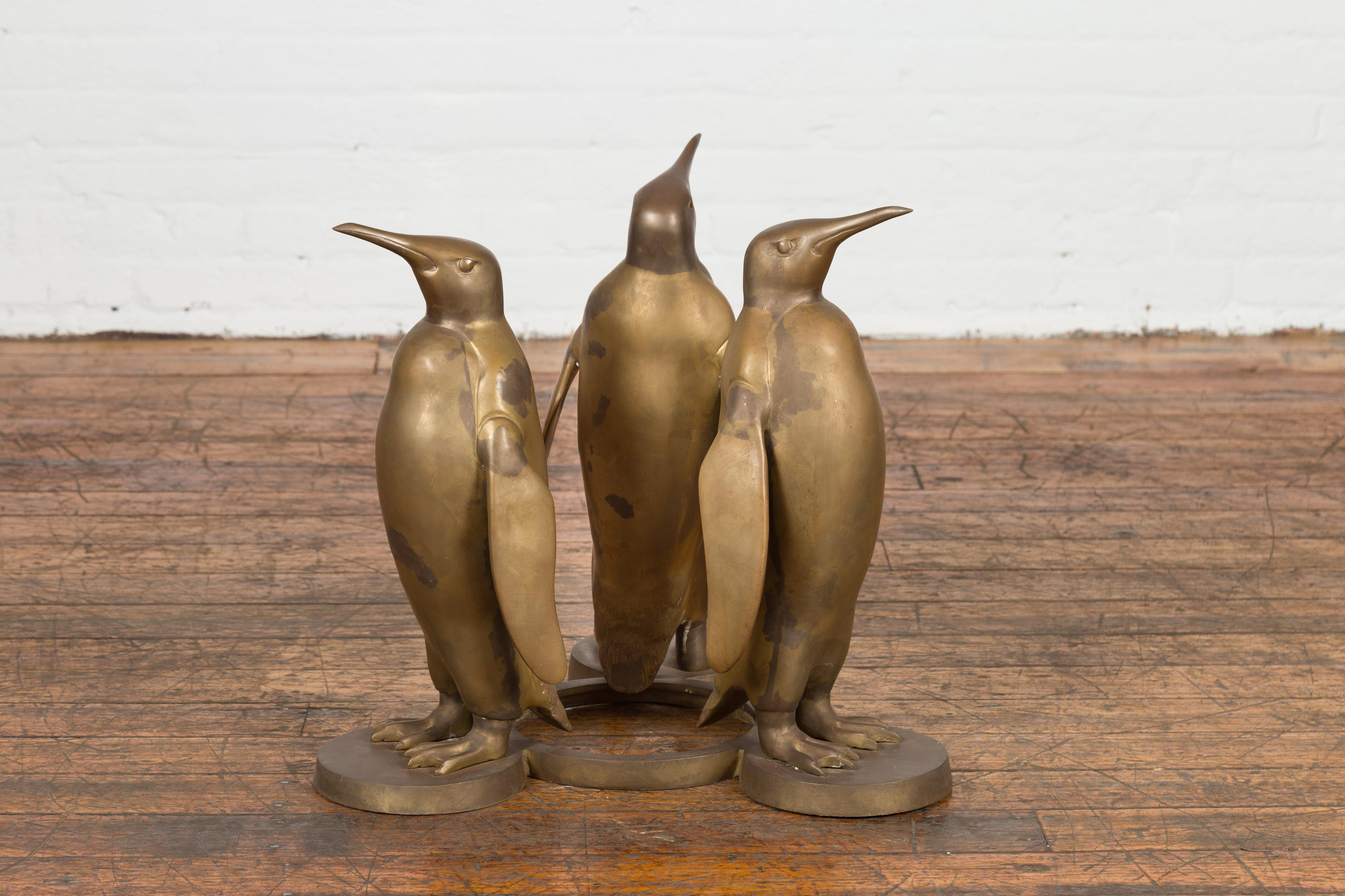 Triple Penguin Bronze Sculpted Group on Trefoiled Base with Gold Patina For Sale 1