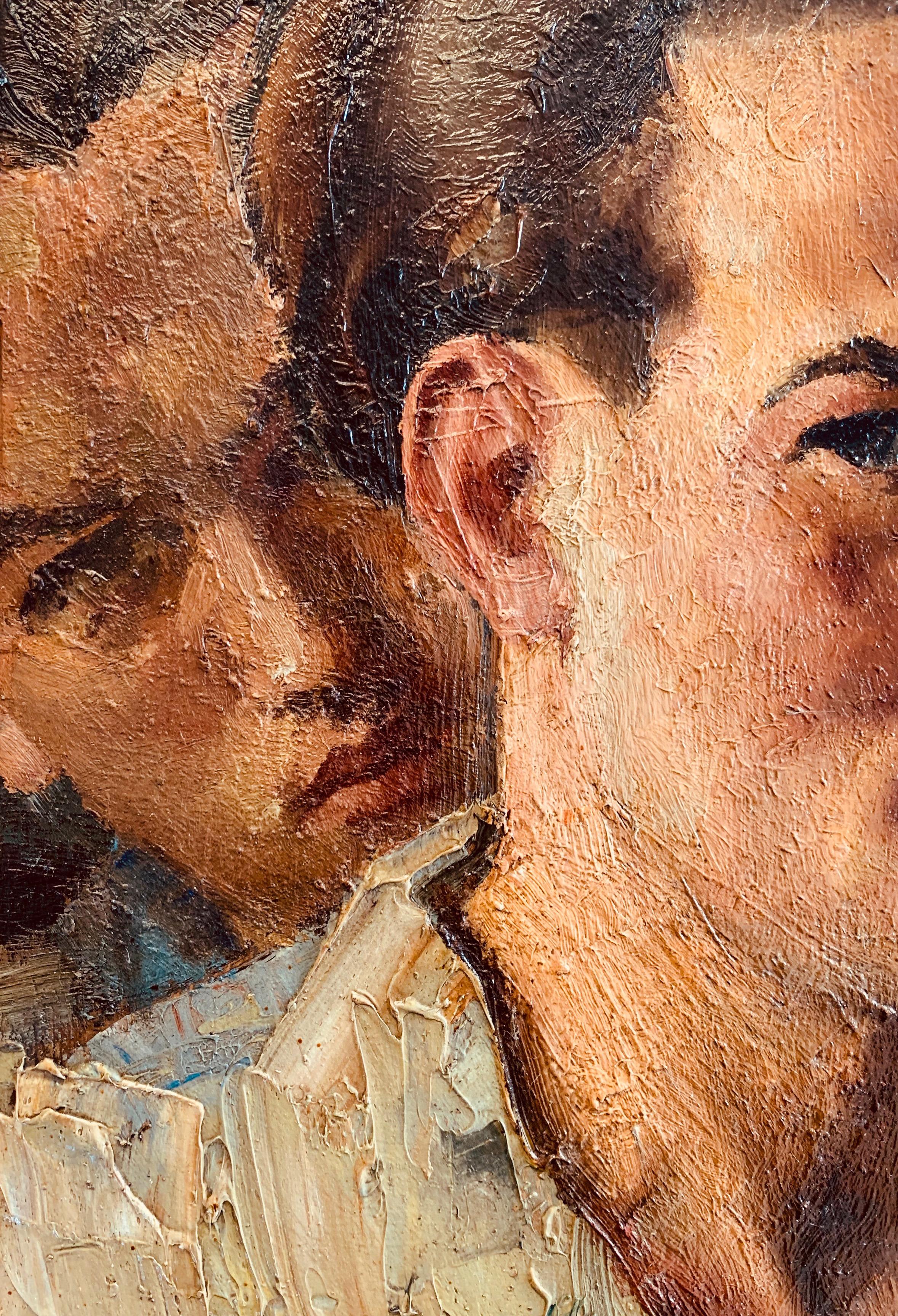 Dated 1936, this striking self-portrait of a young man, seen from three vantage points, is painted with warm colors and a bold impasto technique that makes the faces come alive. The man is wearing an artist smock, and his expressive mouth and wavy