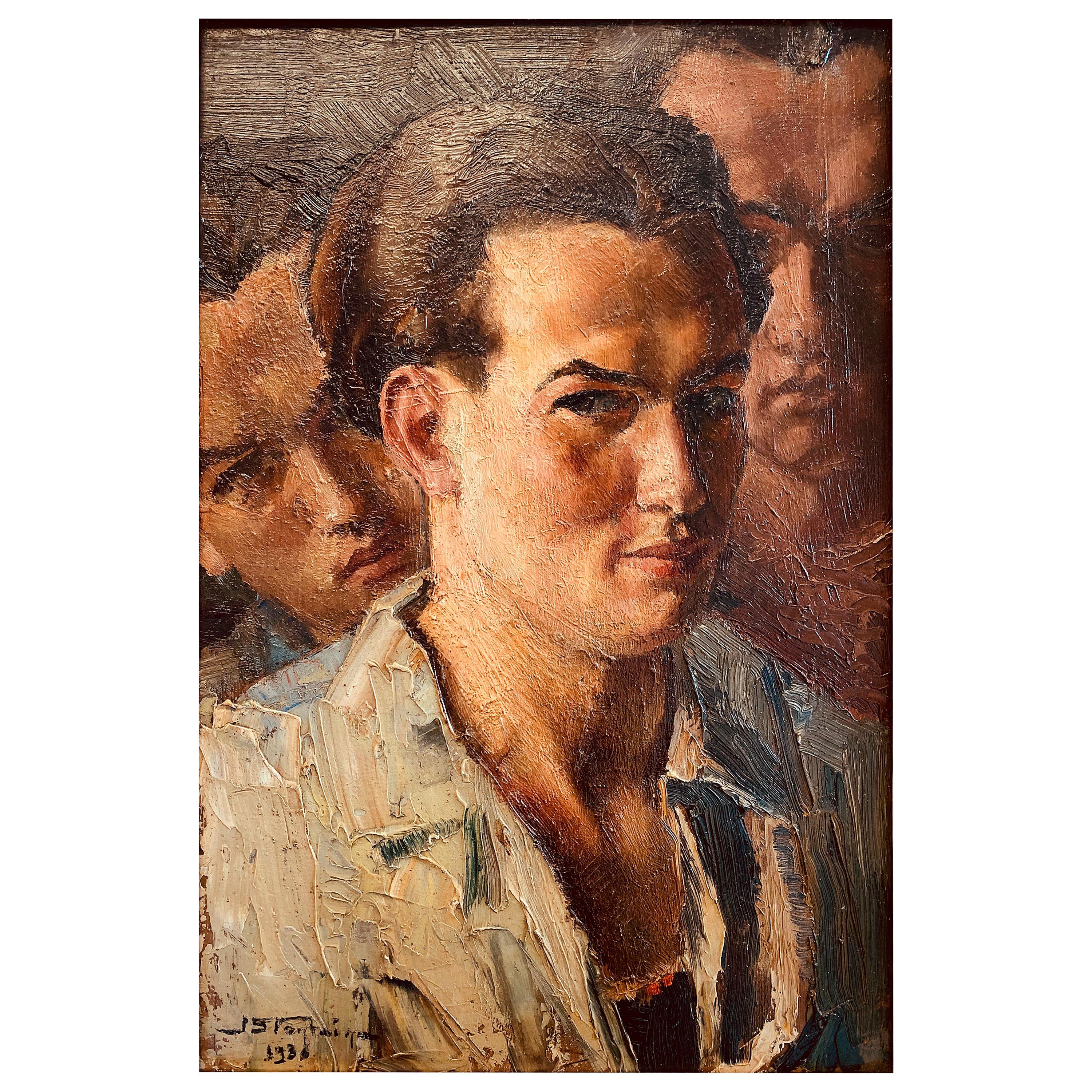 "Triple Portrait, " Mesmerizing 1930s View of Young Man from Three Sides For Sale