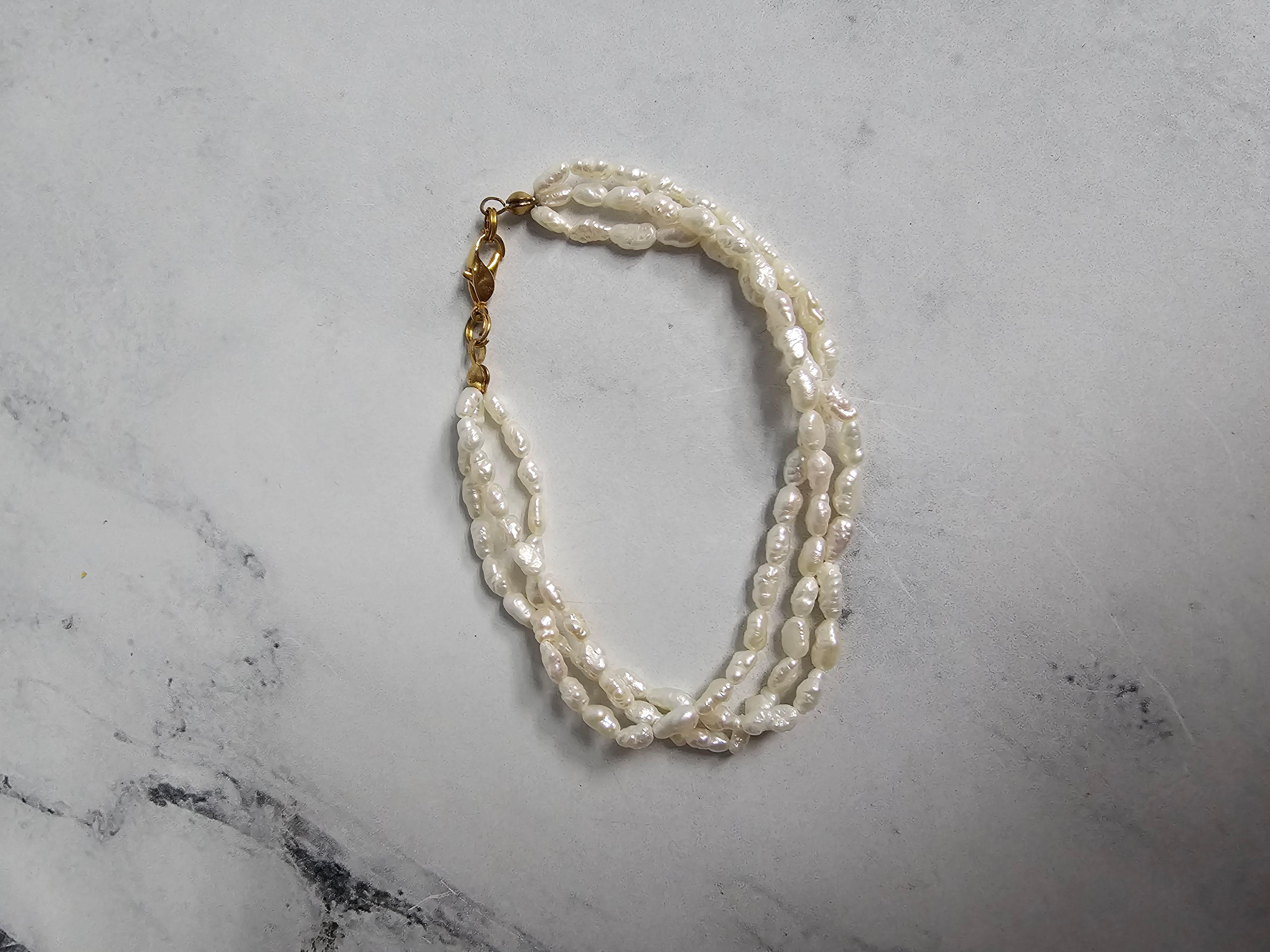 Women's or Men's Triple Rice Pearl Bracelet 14k Yellow Gold For Sale