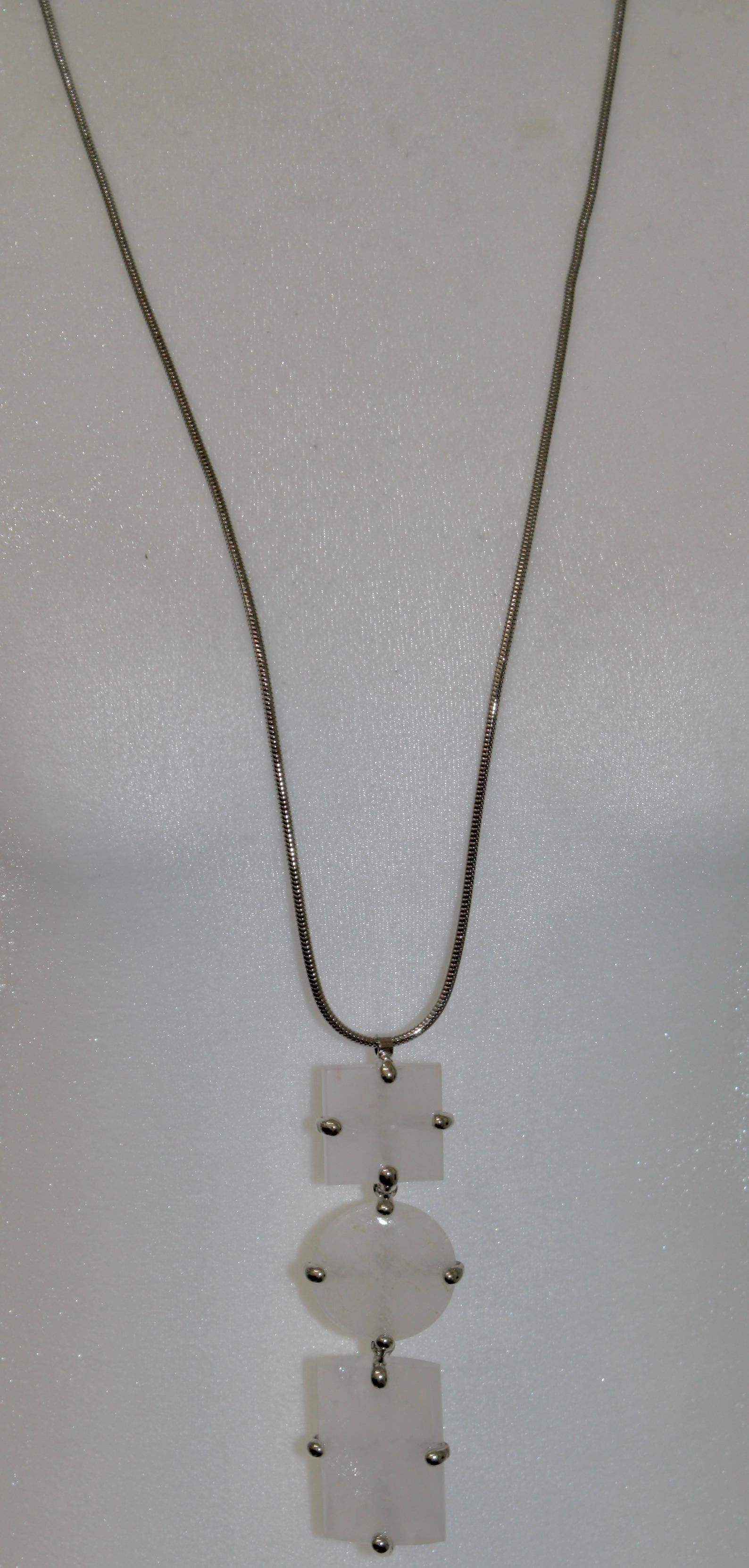 Women's or Men's Triple RockCrystal Pendant on Palladium Chain .